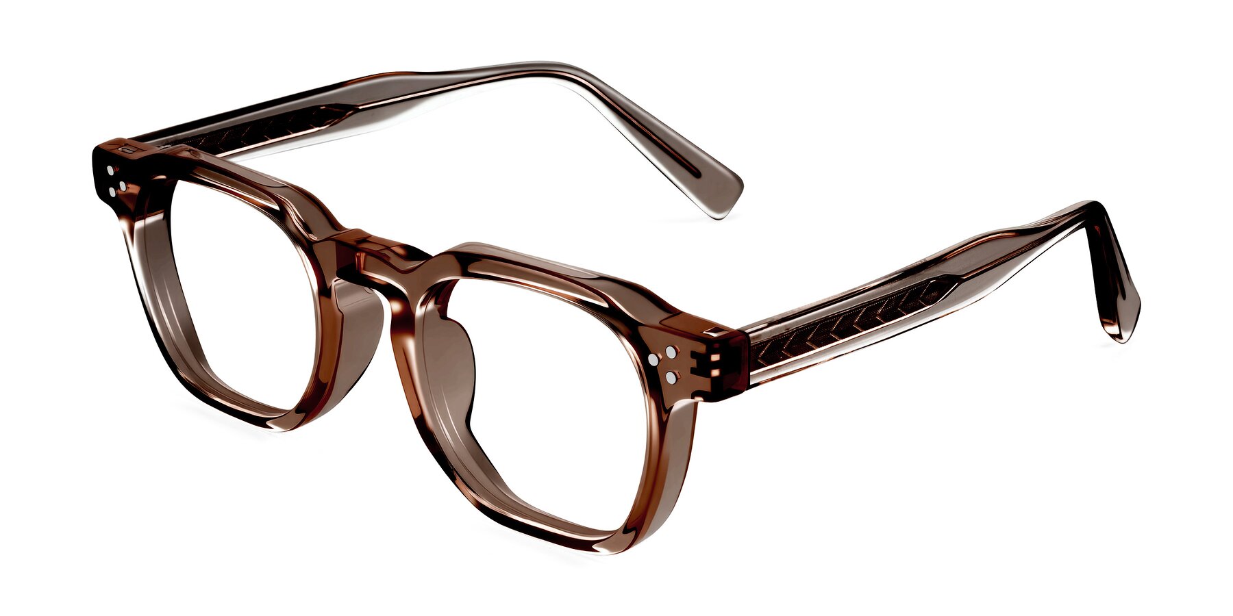 Angle of Muzik in Champagne to Dark Brown Shift with Clear Eyeglass Lenses