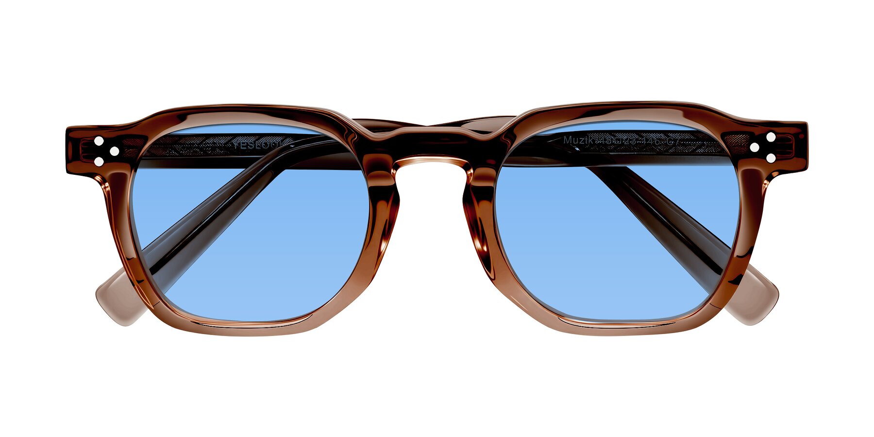 Folded Front of Muzik in Champagne to Dark Brown Shift with Medium Blue Tinted Lenses