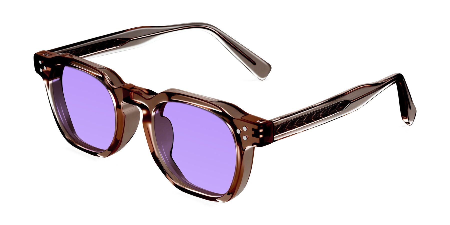 Angle of Muzik in Champagne to Dark Brown Shift with Medium Purple Tinted Lenses
