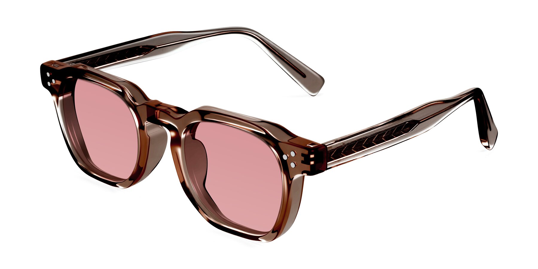 Angle of Muzik in Champagne to Dark Brown Shift with Medium Garnet Tinted Lenses