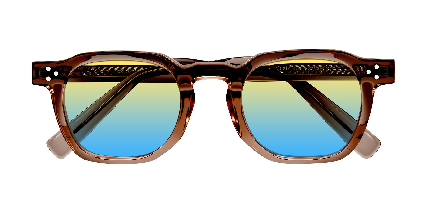 Folded Front of Muzik in Champagne to Dark Brown Shift with Yellow / Blue Gradient Lenses