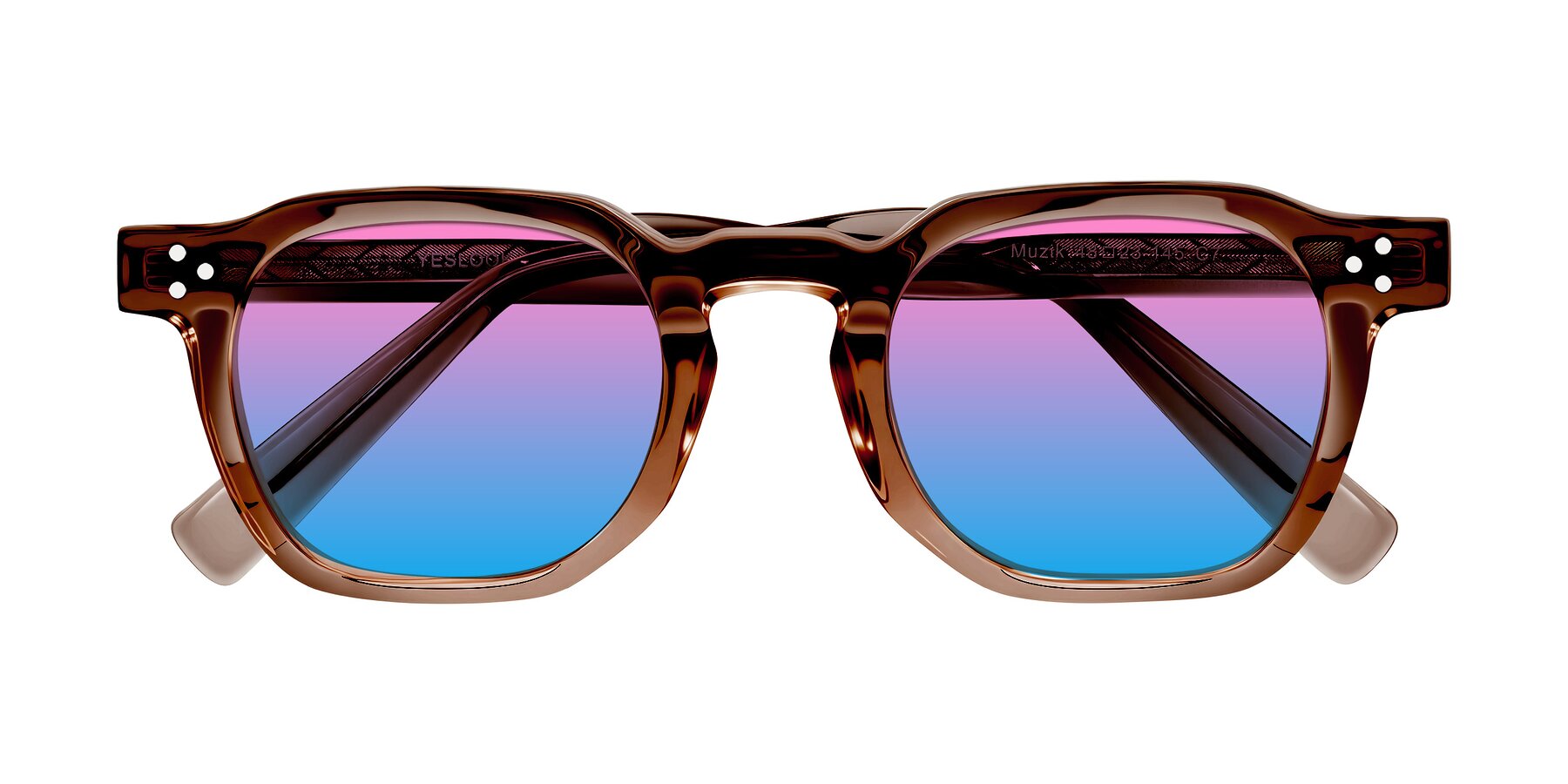 Folded Front of Muzik in Champagne to Dark Brown Shift with Pink / Blue Gradient Lenses