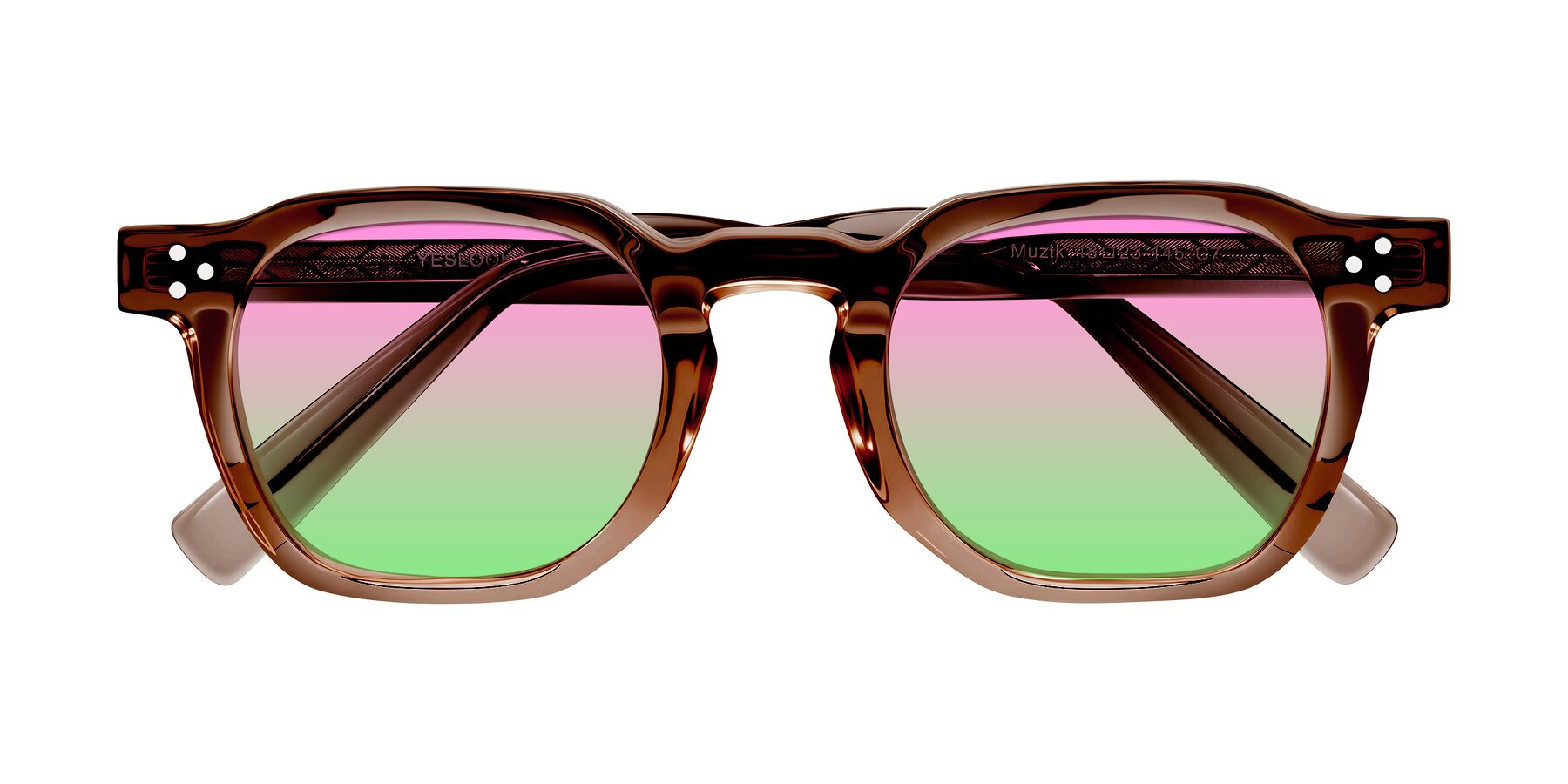 Folded Front of Muzik in Champagne to Dark Brown Shift with Pink / Green Gradient Lenses