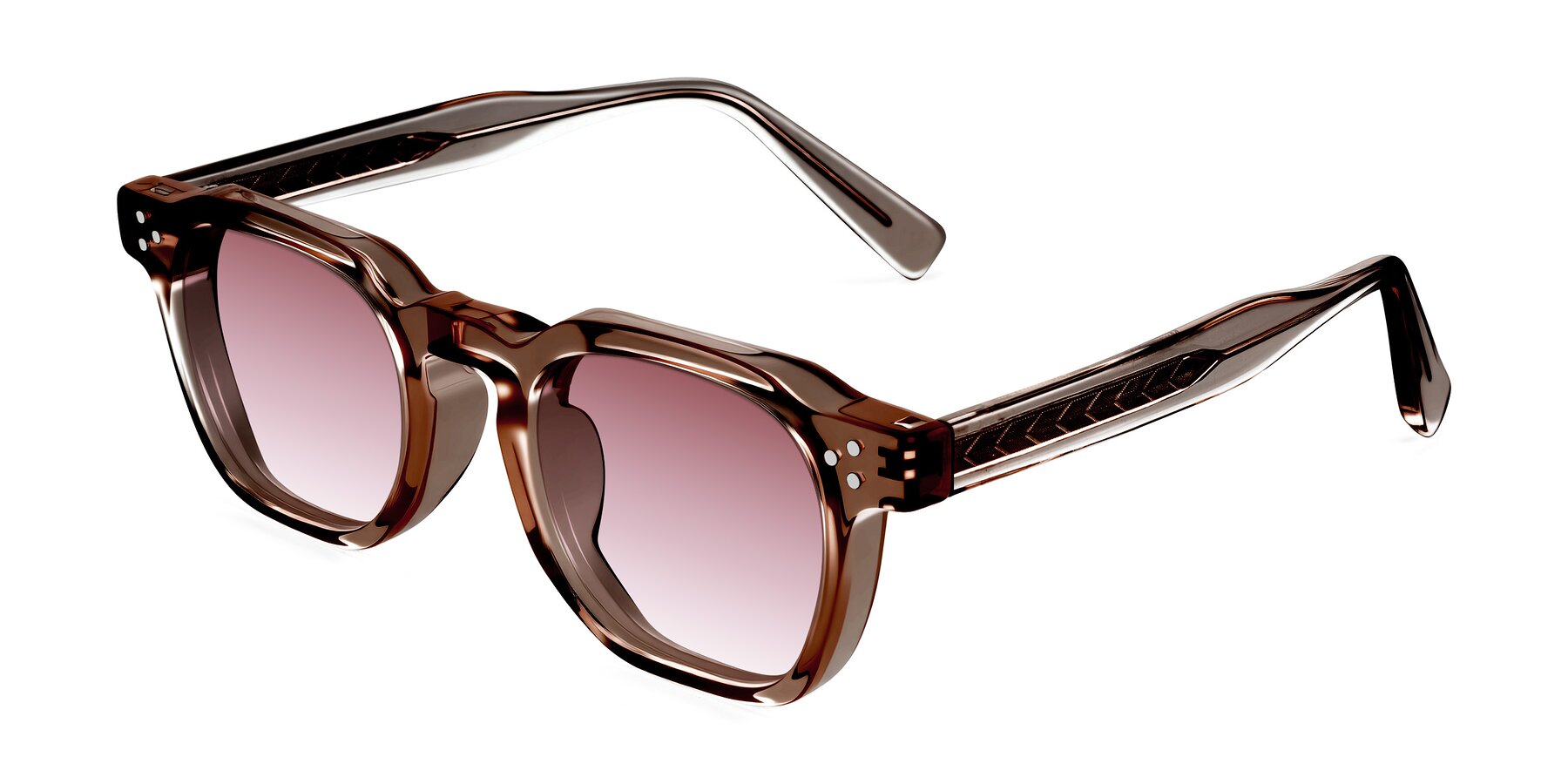 Angle of Muzik in Champagne to Dark Brown Shift with Garnet Gradient Lenses