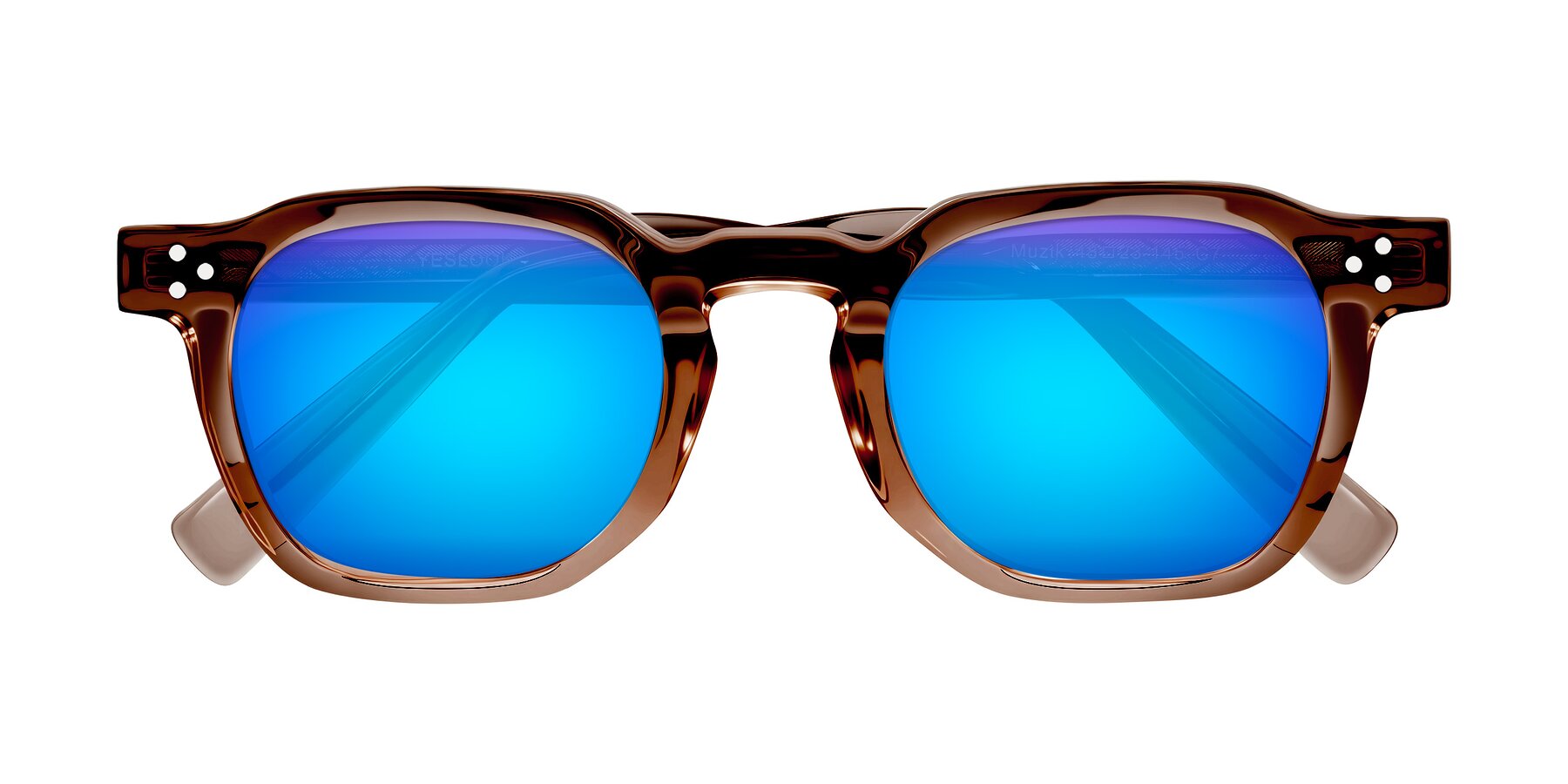 Folded Front of Muzik in Champagne to Dark Brown Shift with Blue Mirrored Lenses