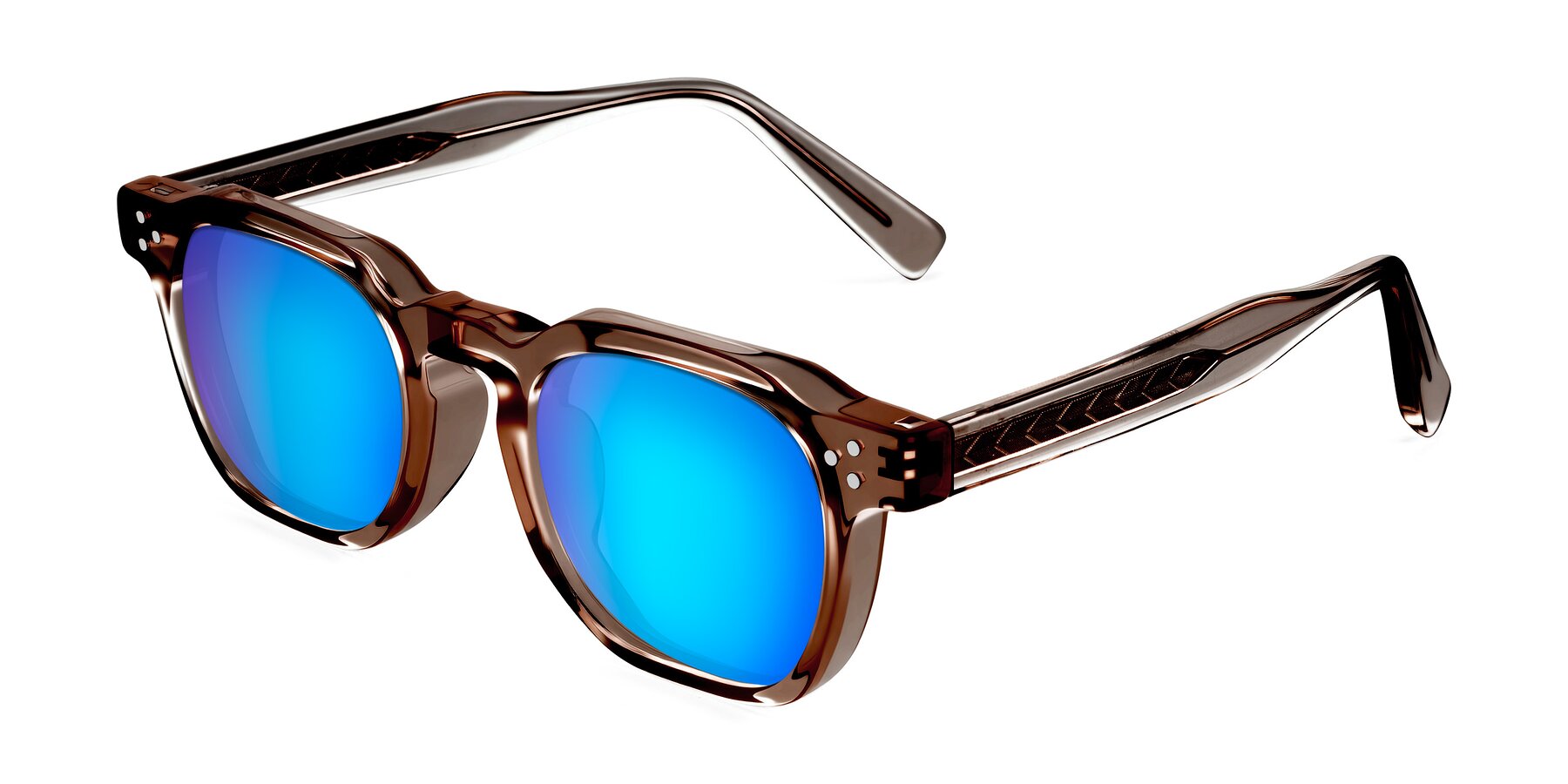 Angle of Muzik in Champagne to Dark Brown Shift with Blue Mirrored Lenses