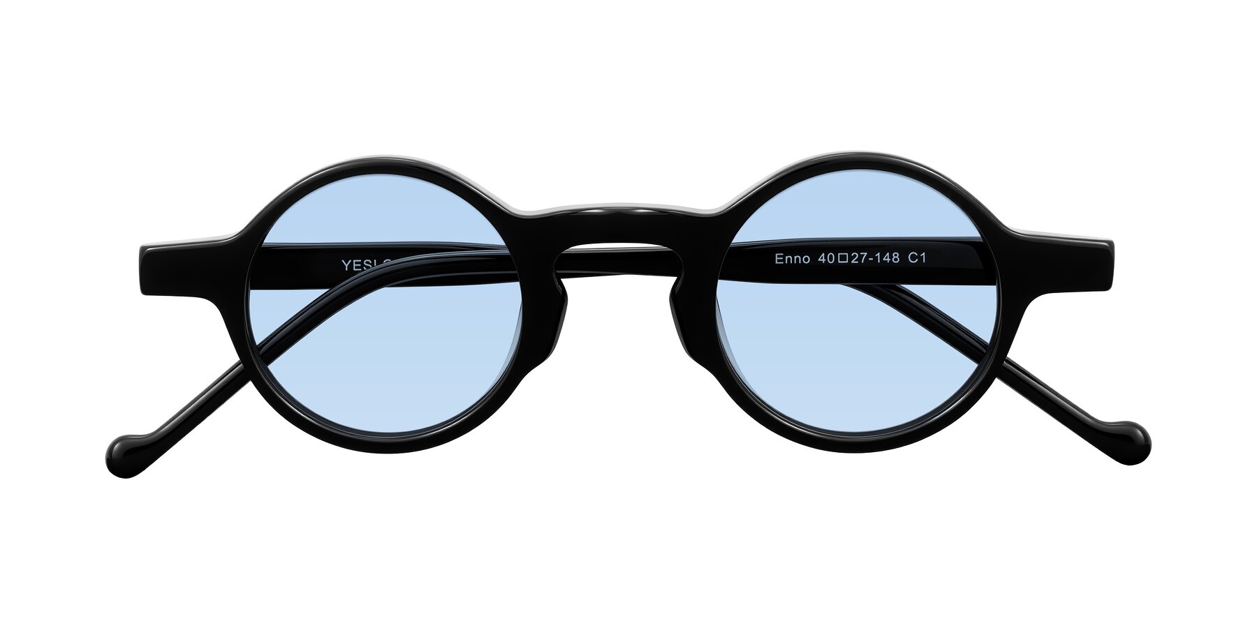 Folded Front of Enno in Black with Light Blue Tinted Lenses