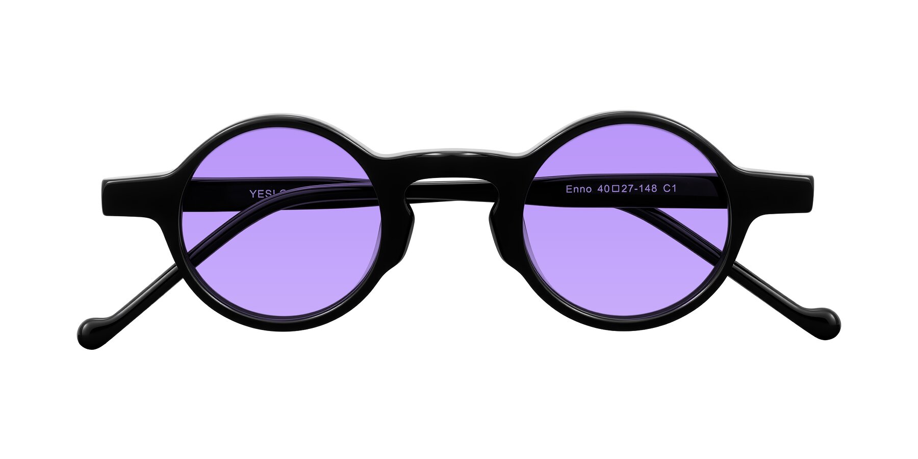 Folded Front of Enno in Black with Medium Purple Tinted Lenses