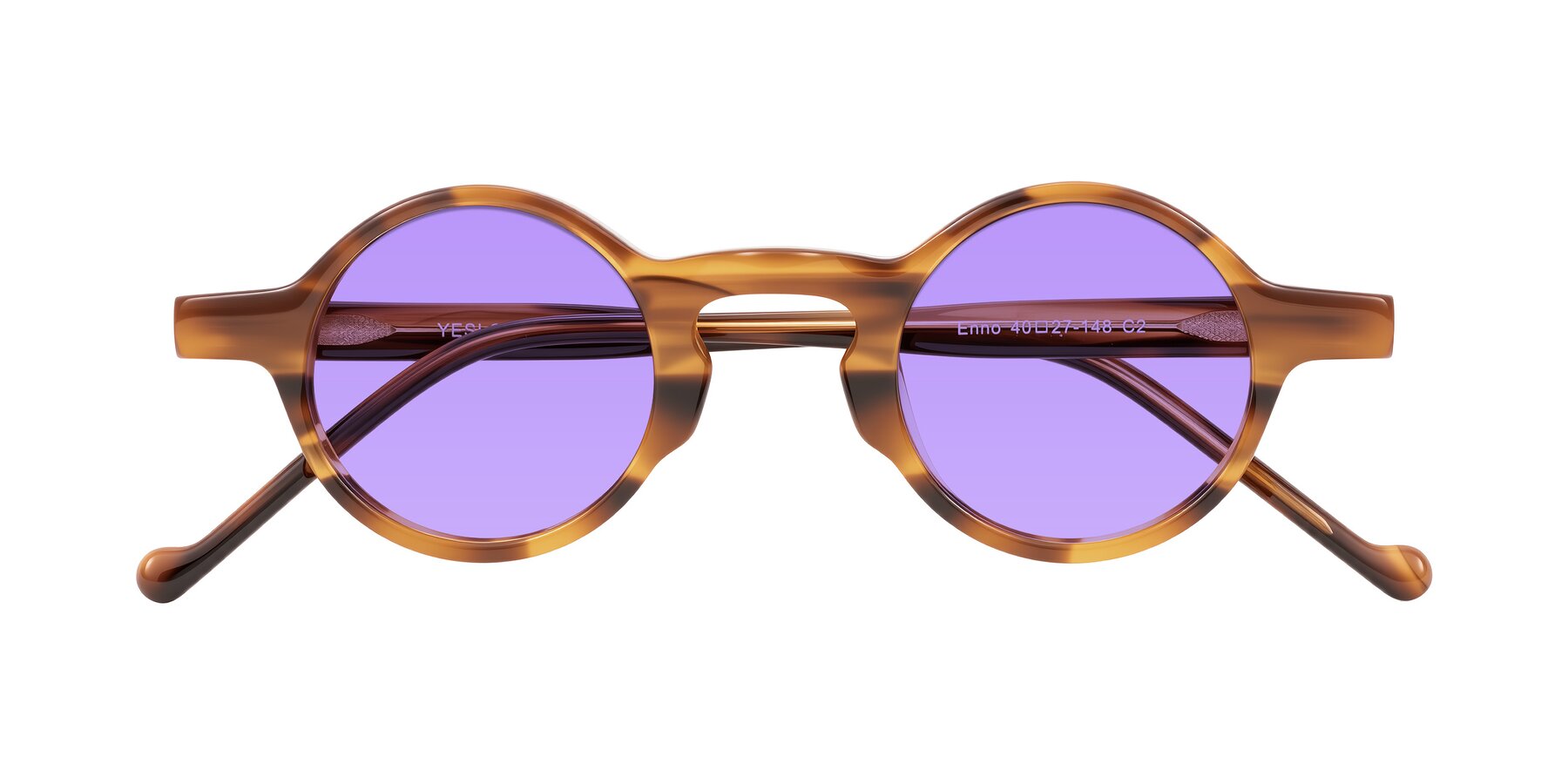 Folded Front of Enno in Amber Striped with Medium Purple Tinted Lenses