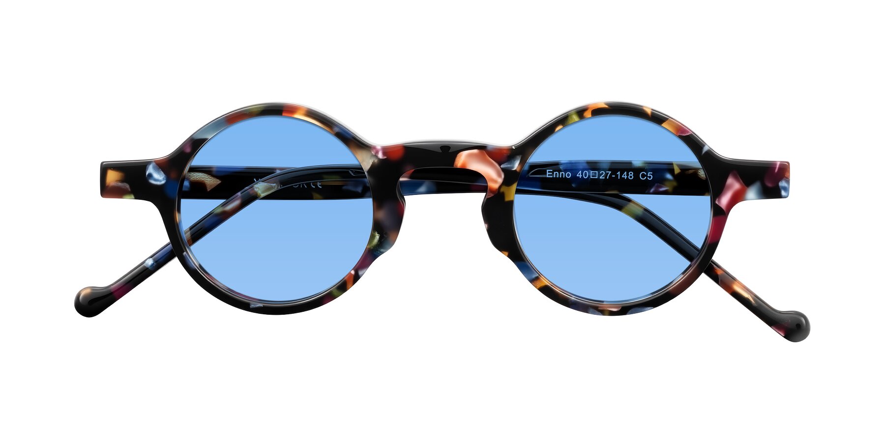 Folded Front of Enno in Midnight Carnival with Medium Blue Tinted Lenses