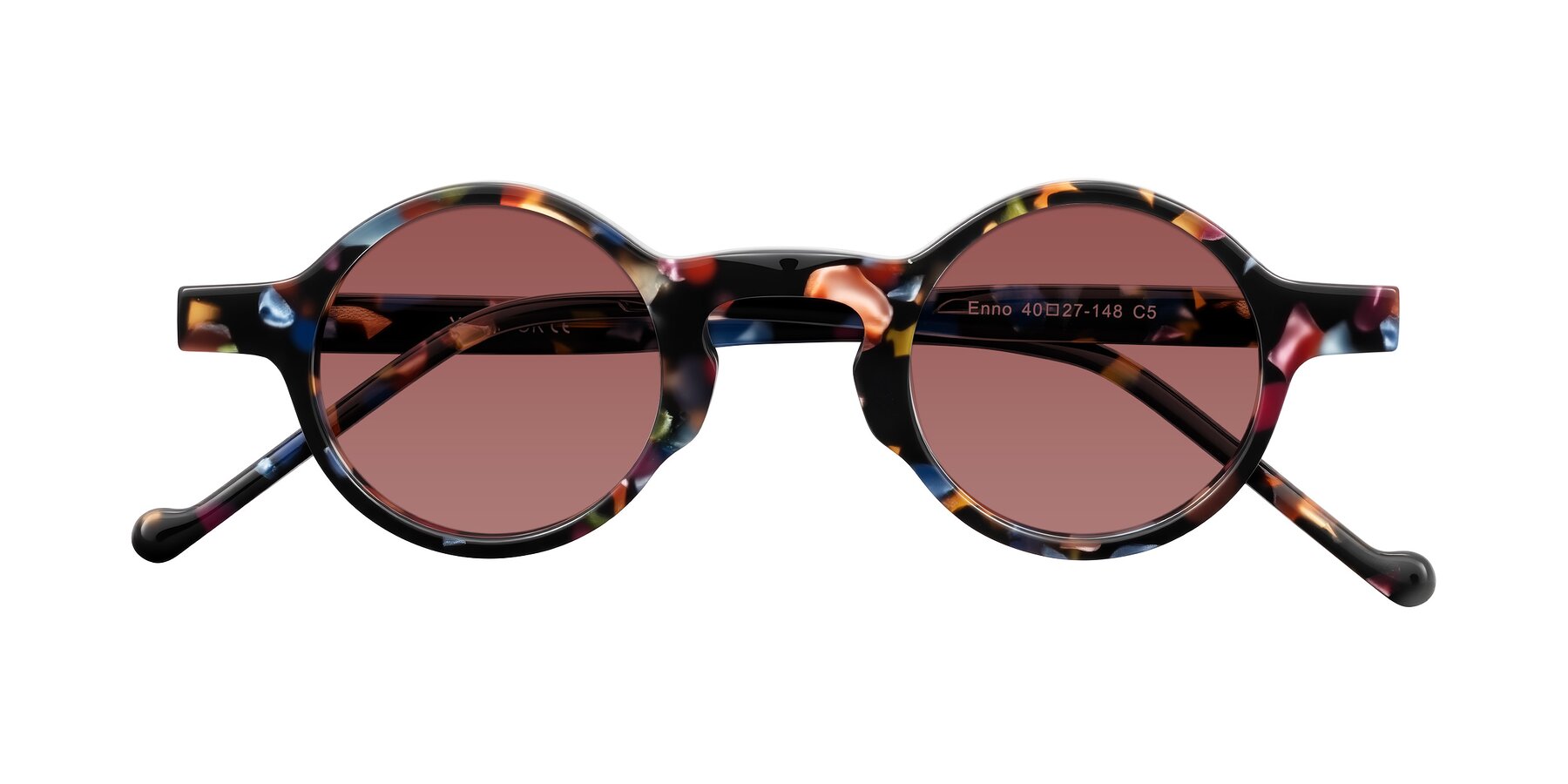 Folded Front of Enno in Midnight Carnival with Garnet Tinted Lenses