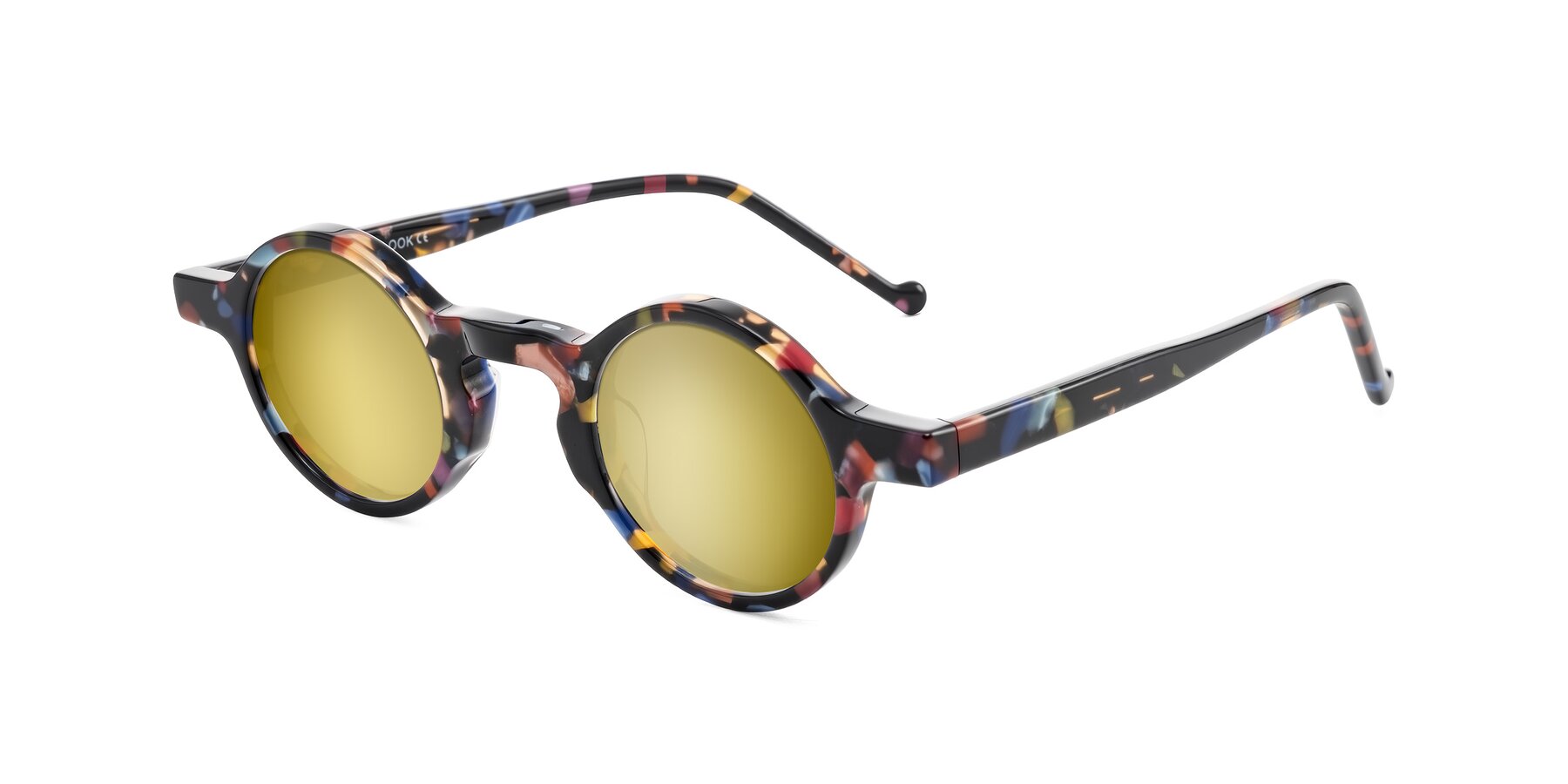 Angle of Enno in Midnight Carnival with Gold Mirrored Lenses