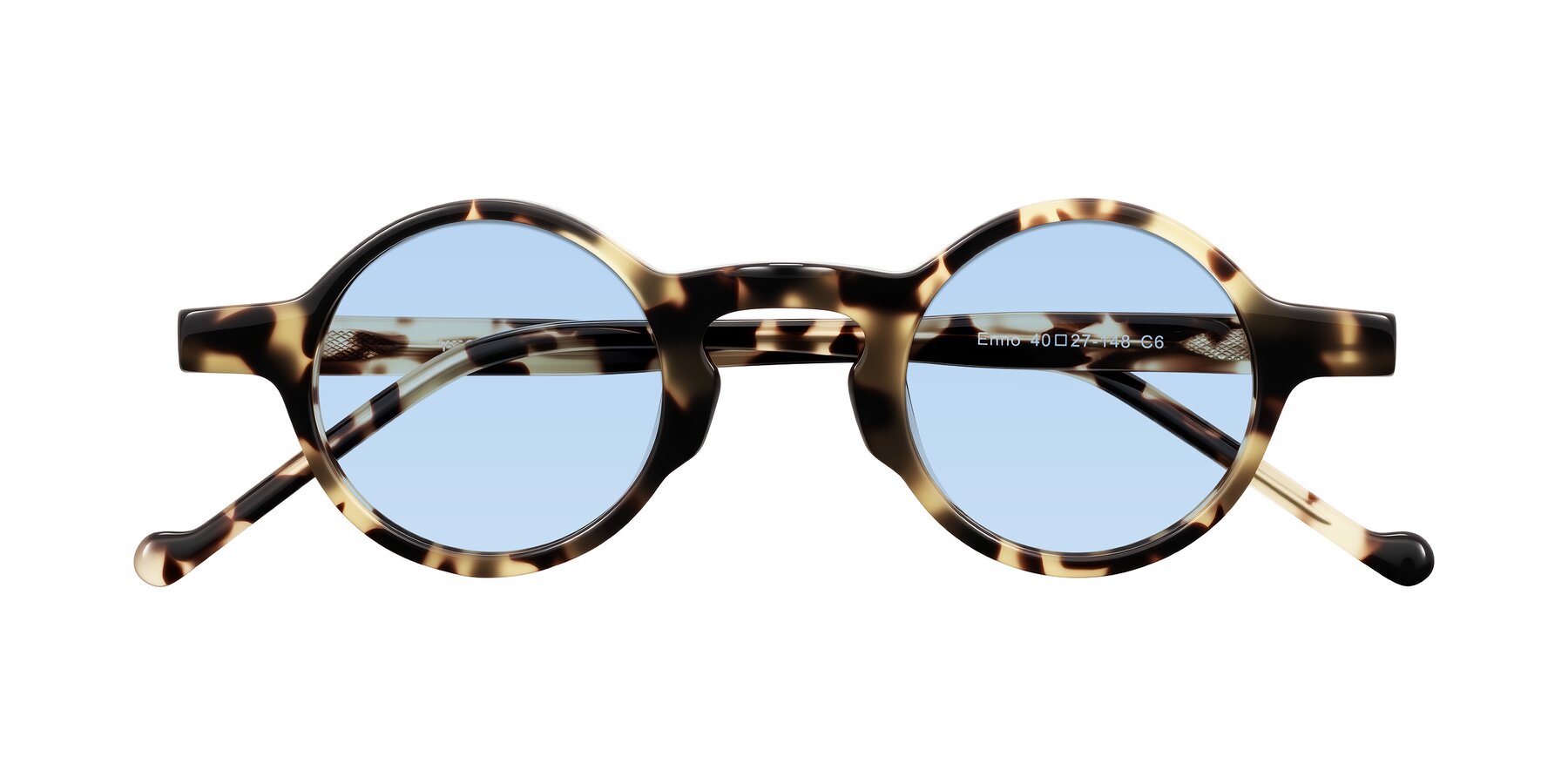 Folded Front of Enno in Ivory Tortoise with Light Blue Tinted Lenses