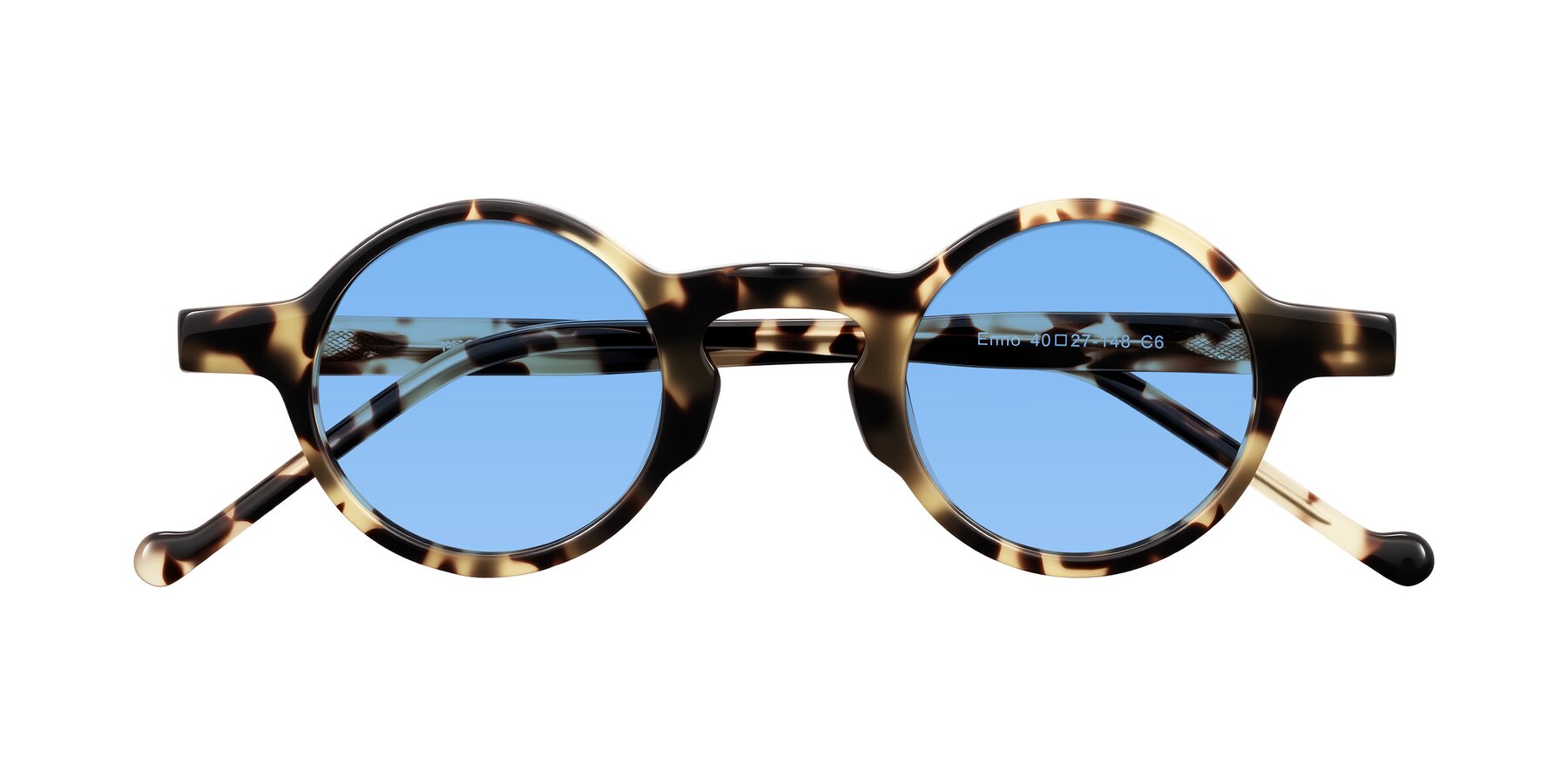 Folded Front of Enno in Ivory Tortoise with Medium Blue Tinted Lenses