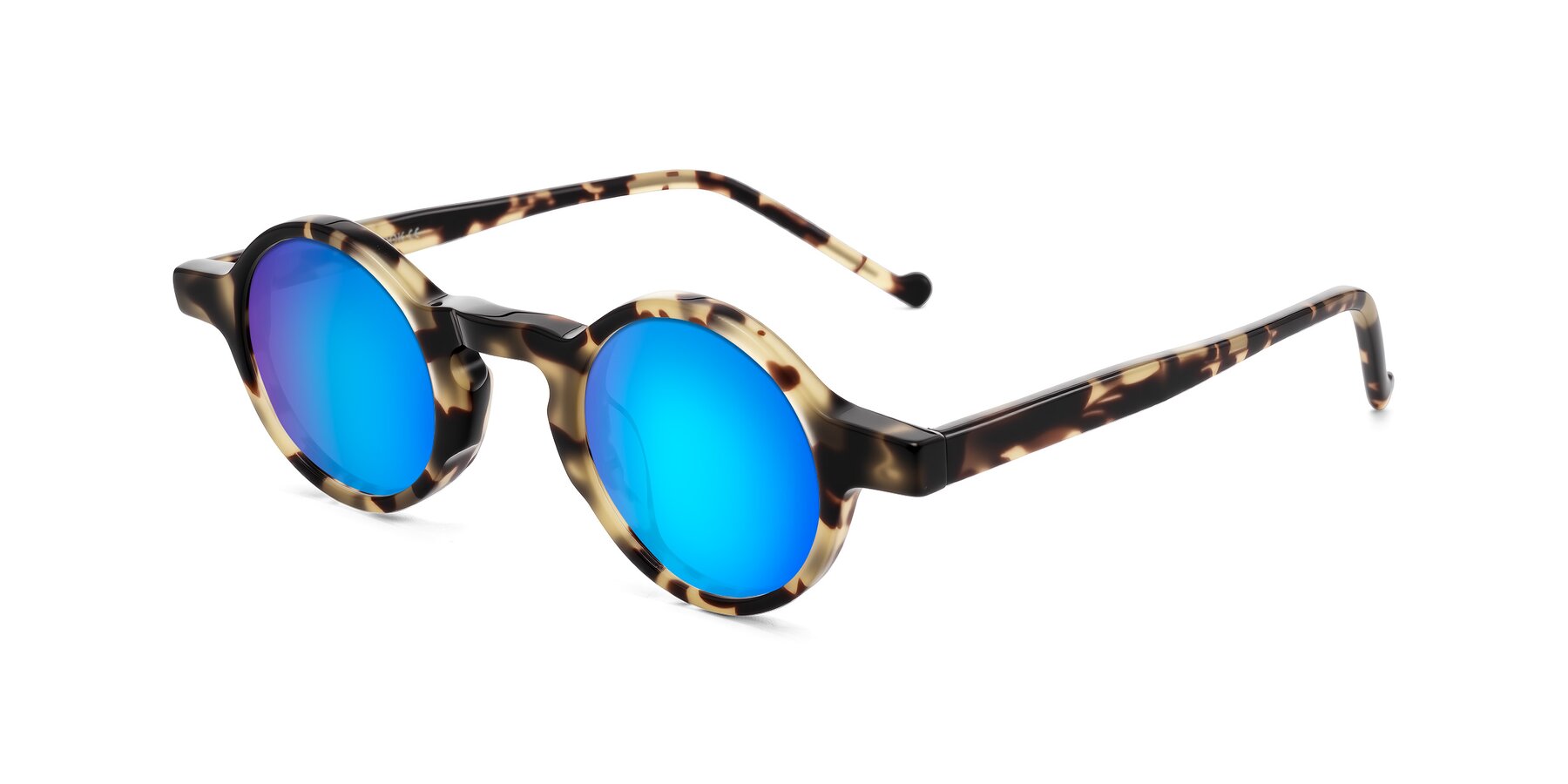 Angle of Enno in Ivory Tortoise with Blue Mirrored Lenses