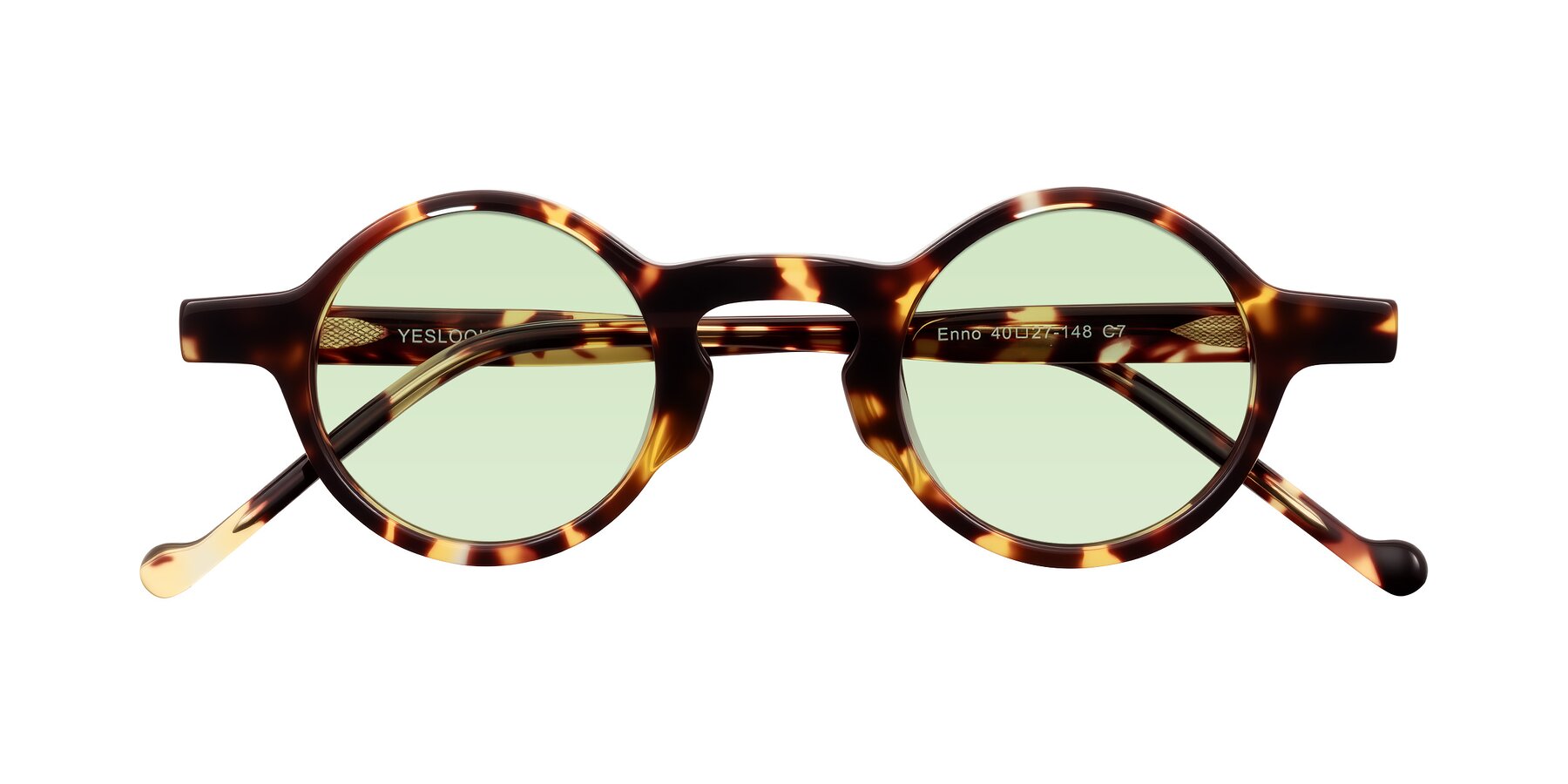 Folded Front of Enno in Tortoise with Light Green Tinted Lenses