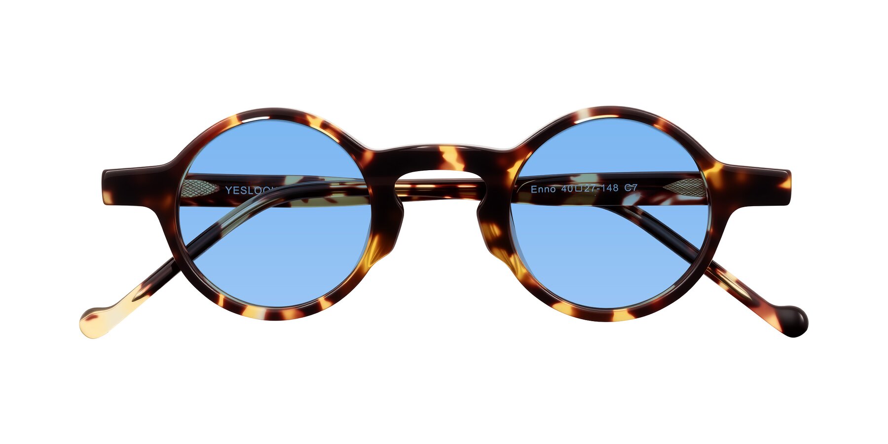 Folded Front of Enno in Tortoise with Medium Blue Tinted Lenses
