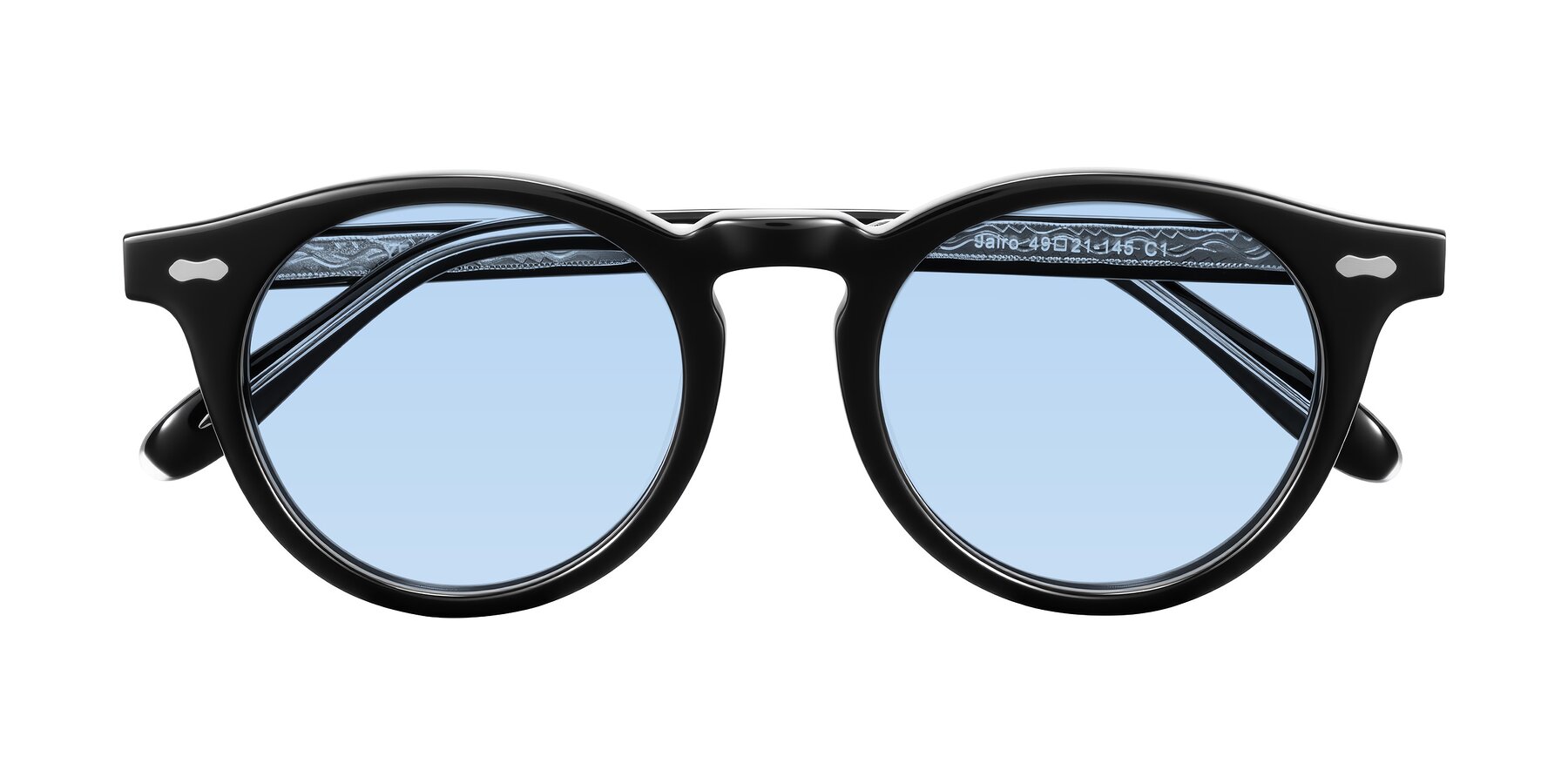 Folded Front of Jairo in Black with Light Blue Tinted Lenses