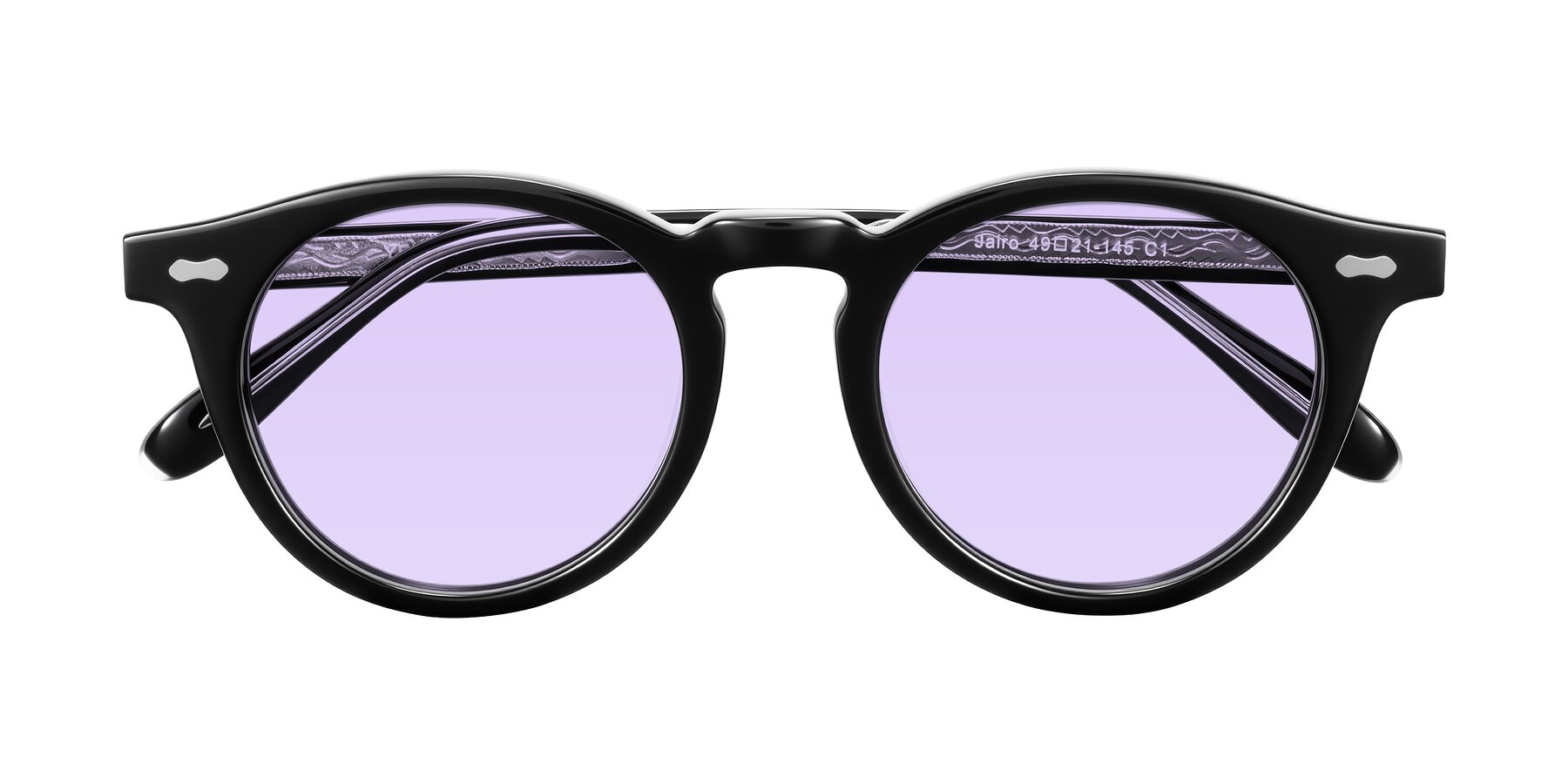 Folded Front of Jairo in Black with Light Purple Tinted Lenses