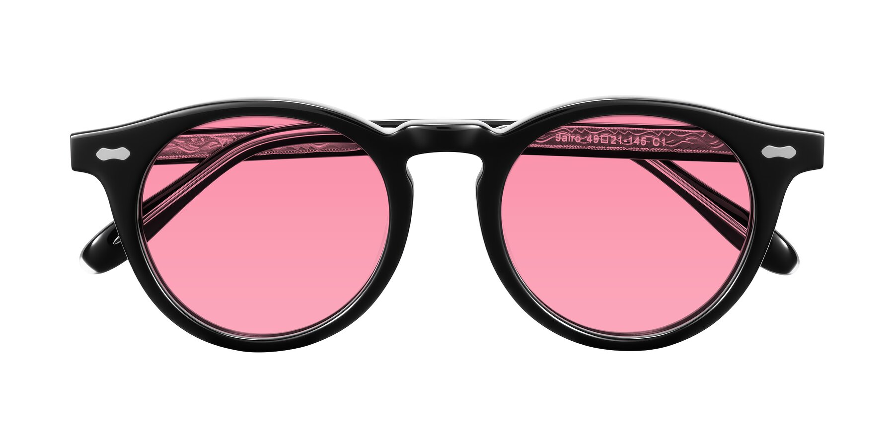 Folded Front of Jairo in Black with Pink Tinted Lenses