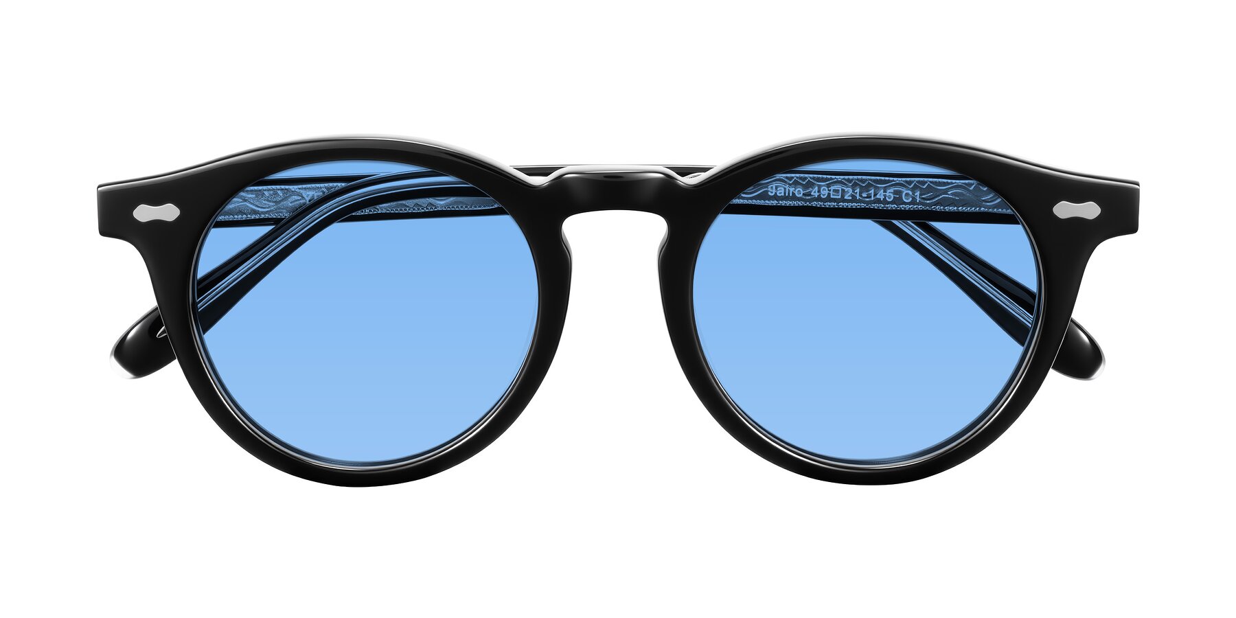 Folded Front of Jairo in Black with Medium Blue Tinted Lenses