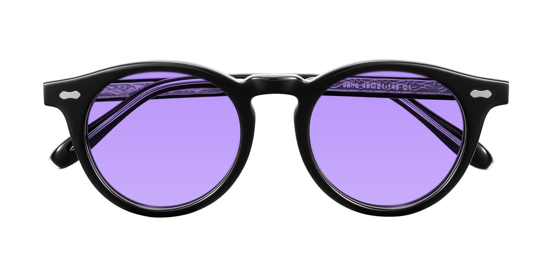 Folded Front of Jairo in Black with Medium Purple Tinted Lenses
