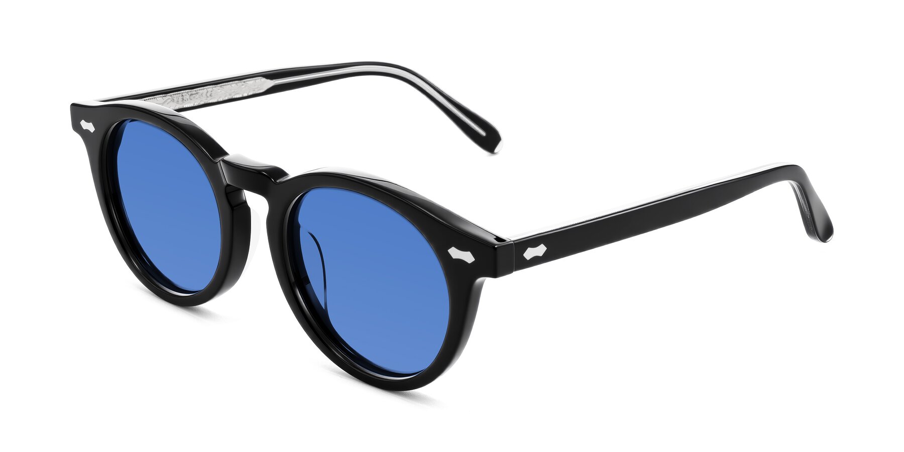 Angle of Jairo in Black with Blue Tinted Lenses