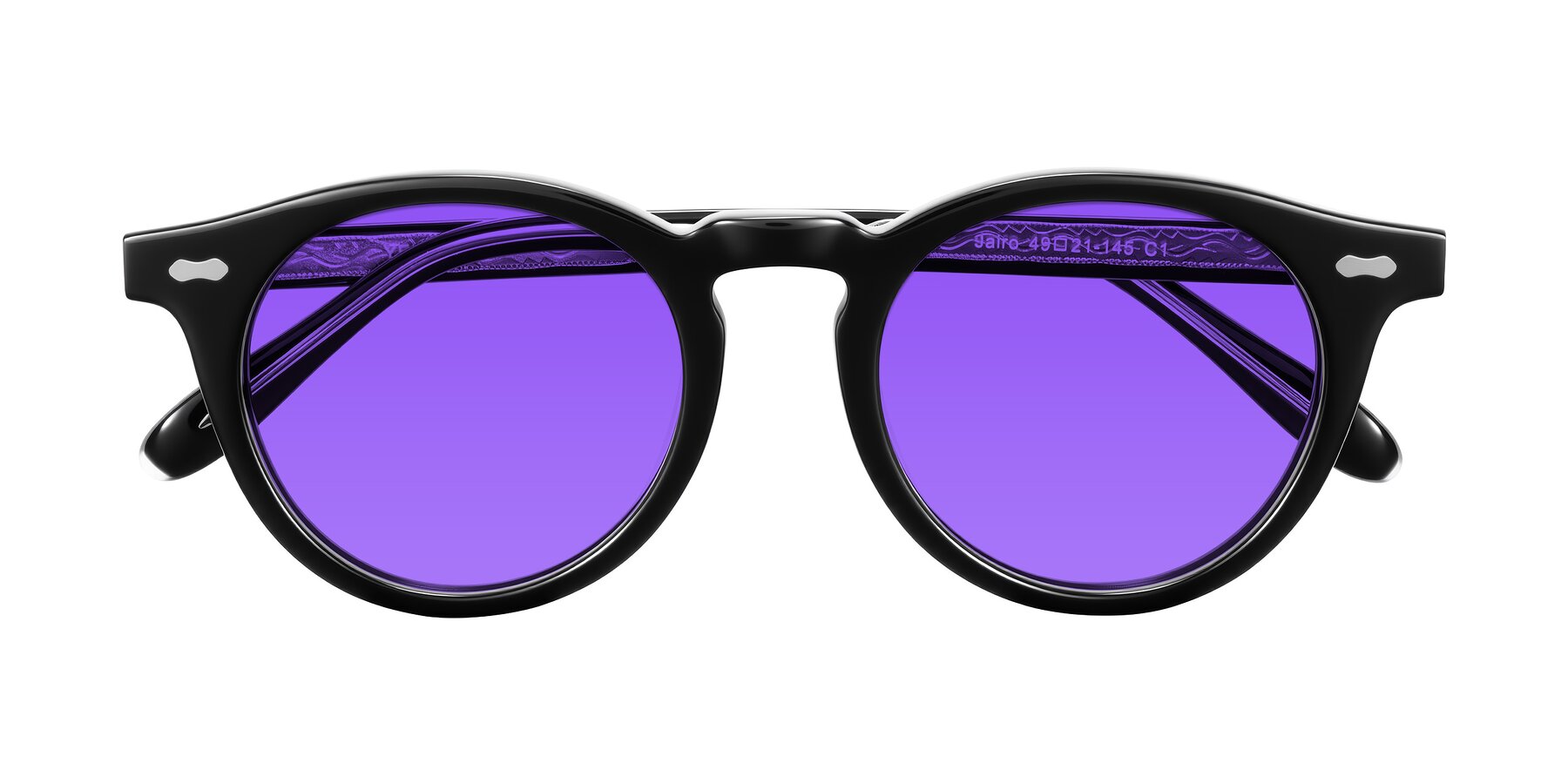 Folded Front of Jairo in Black with Purple Tinted Lenses