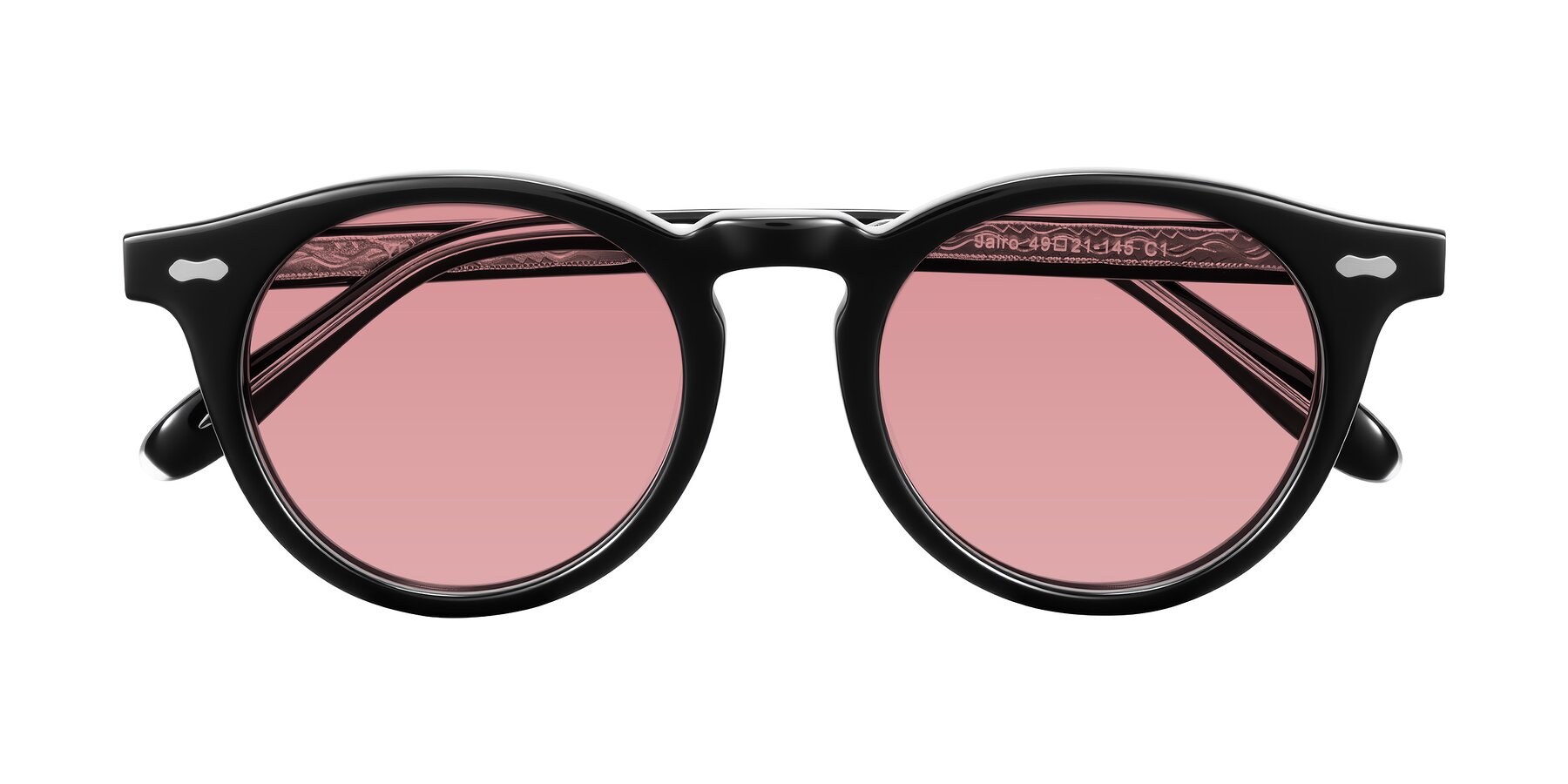 Folded Front of Jairo in Black with Medium Garnet Tinted Lenses