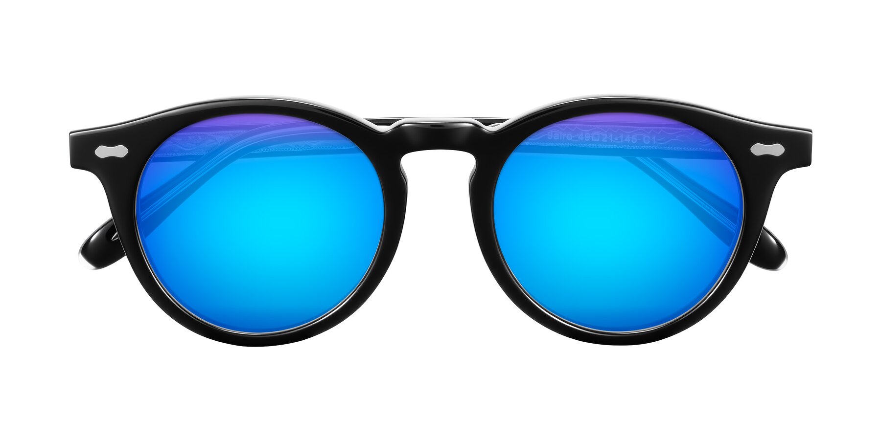 Folded Front of Jairo in Black with Blue Mirrored Lenses