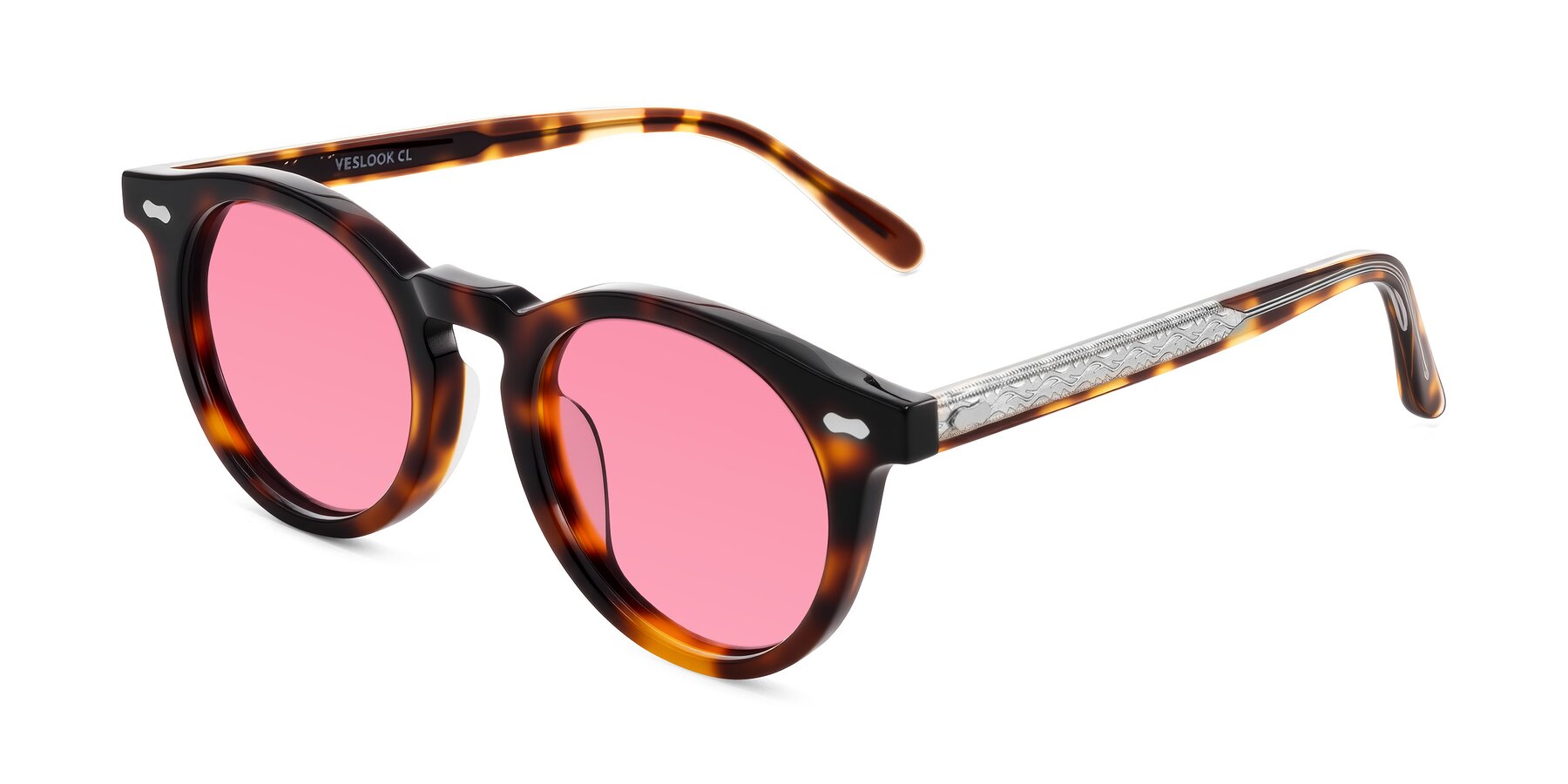 Angle of Jairo in Tortoise with Pink Tinted Lenses