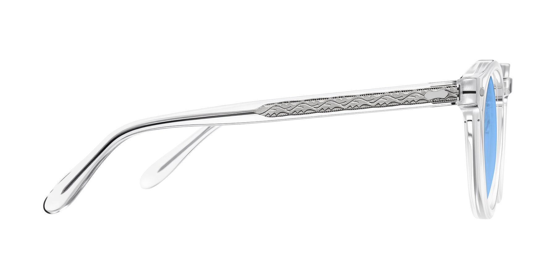 Side of Jairo in Clear with Medium Blue Tinted Lenses