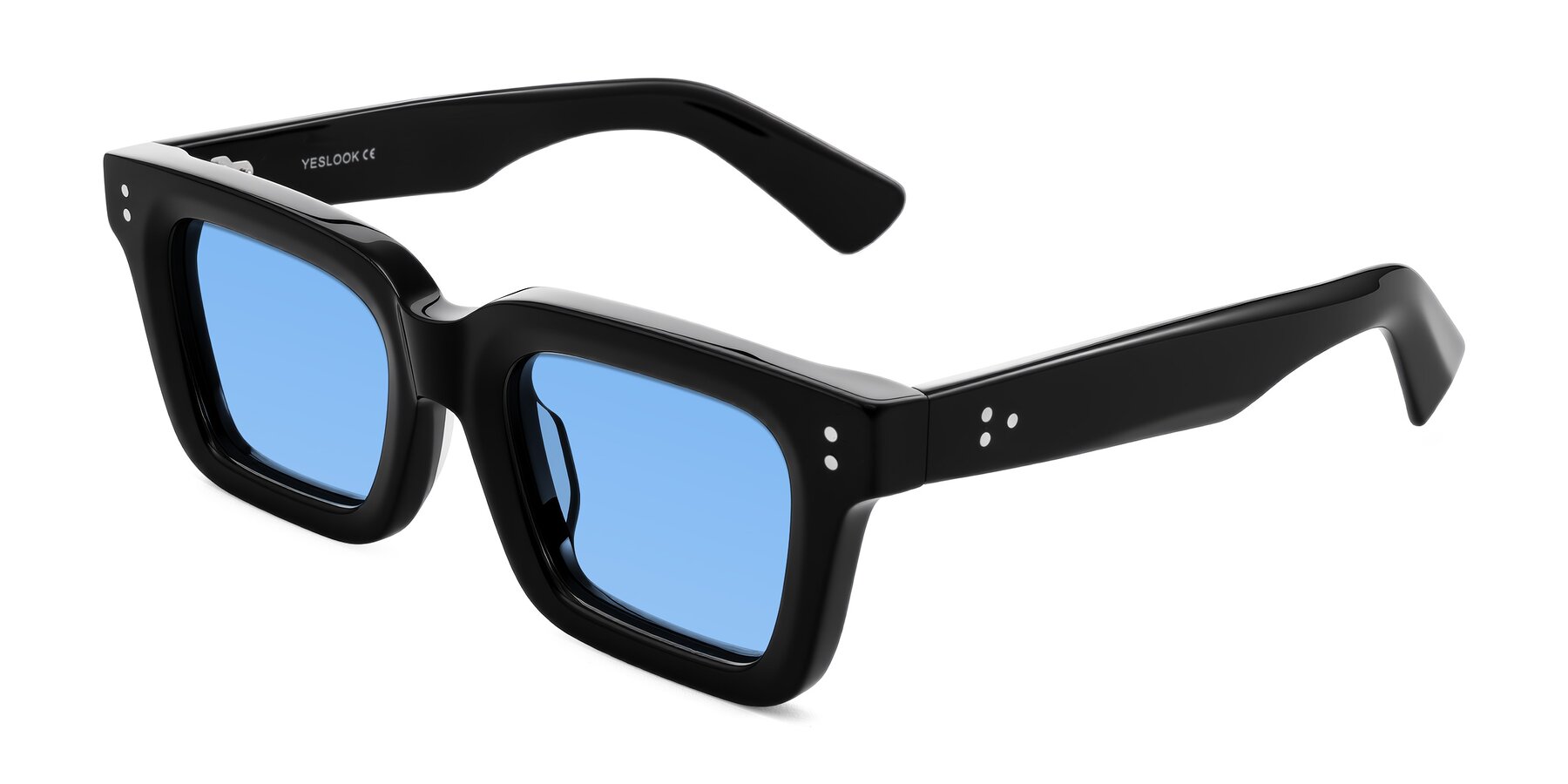 Angle of Izael in Black with Medium Blue Tinted Lenses