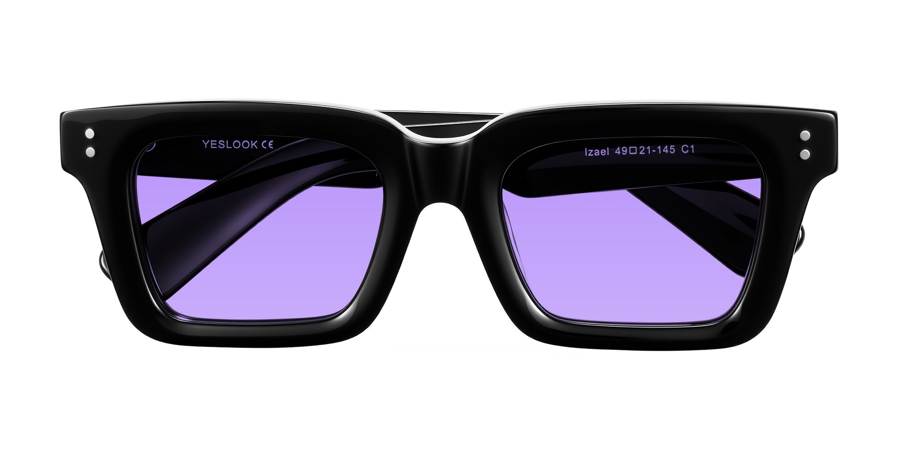 Folded Front of Izael in Black with Medium Purple Tinted Lenses