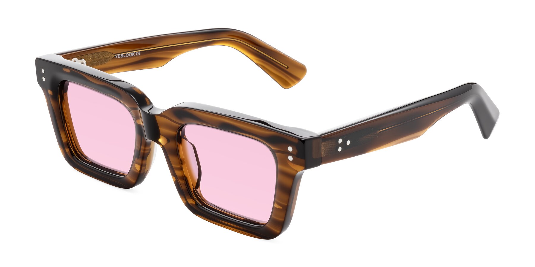 Angle of Izael in Dark Brown Striped with Light Pink Tinted Lenses