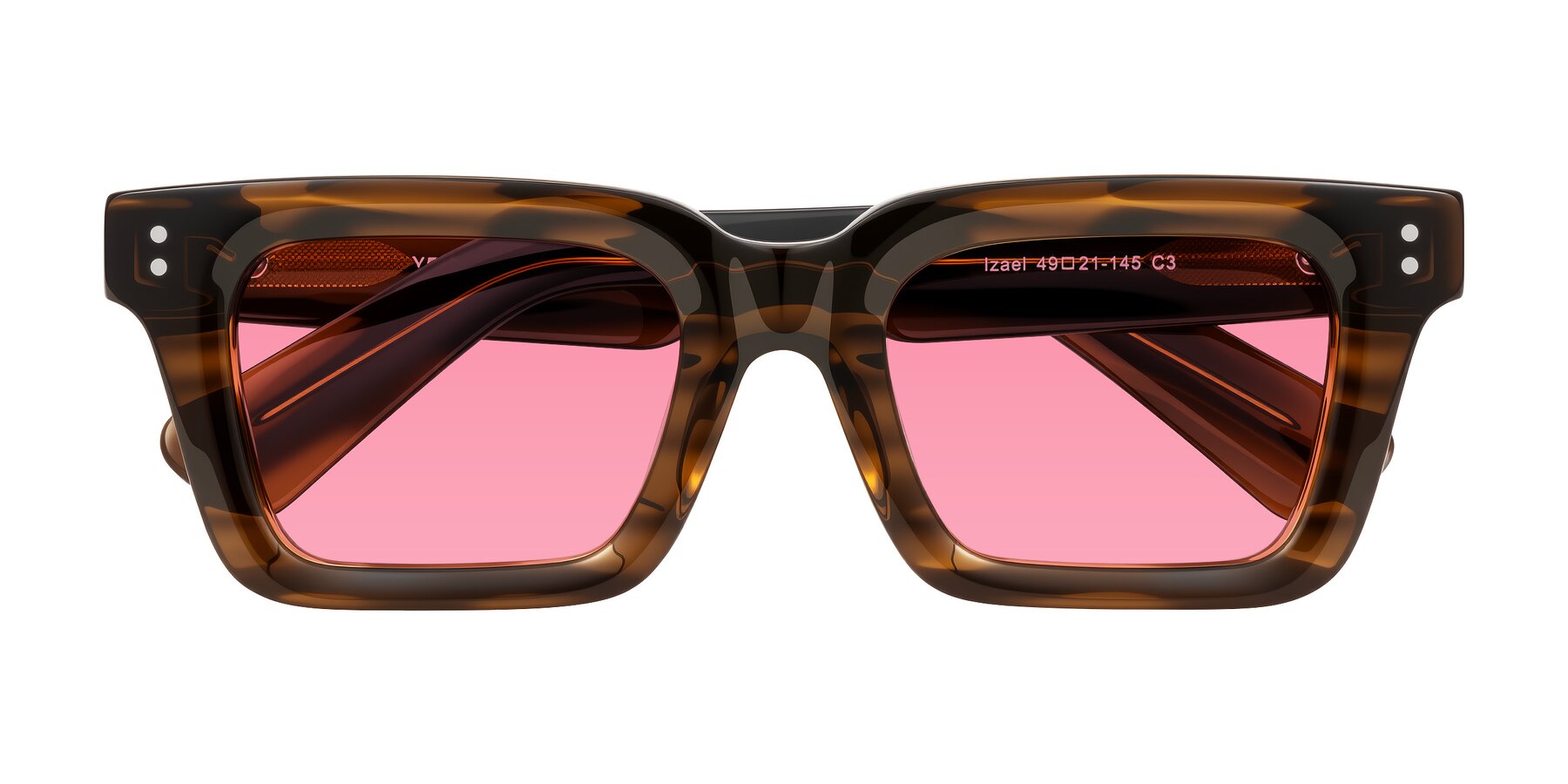 Folded Front of Izael in Dark Brown Striped with Pink Tinted Lenses