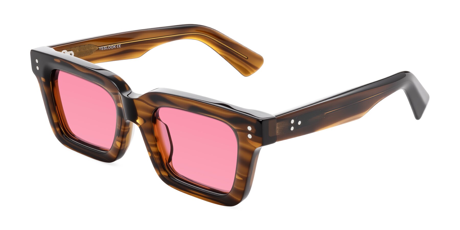 Angle of Izael in Dark Brown Striped with Pink Tinted Lenses