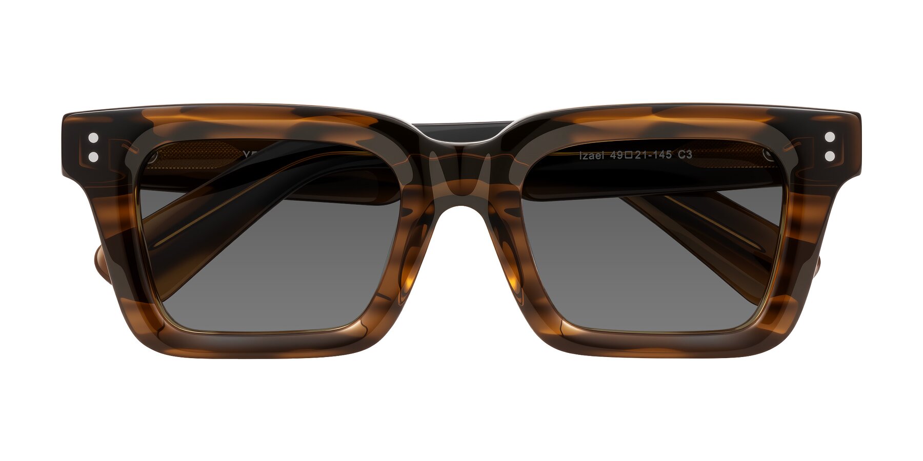 Folded Front of Izael in Dark Brown Striped with Medium Gray Tinted Lenses