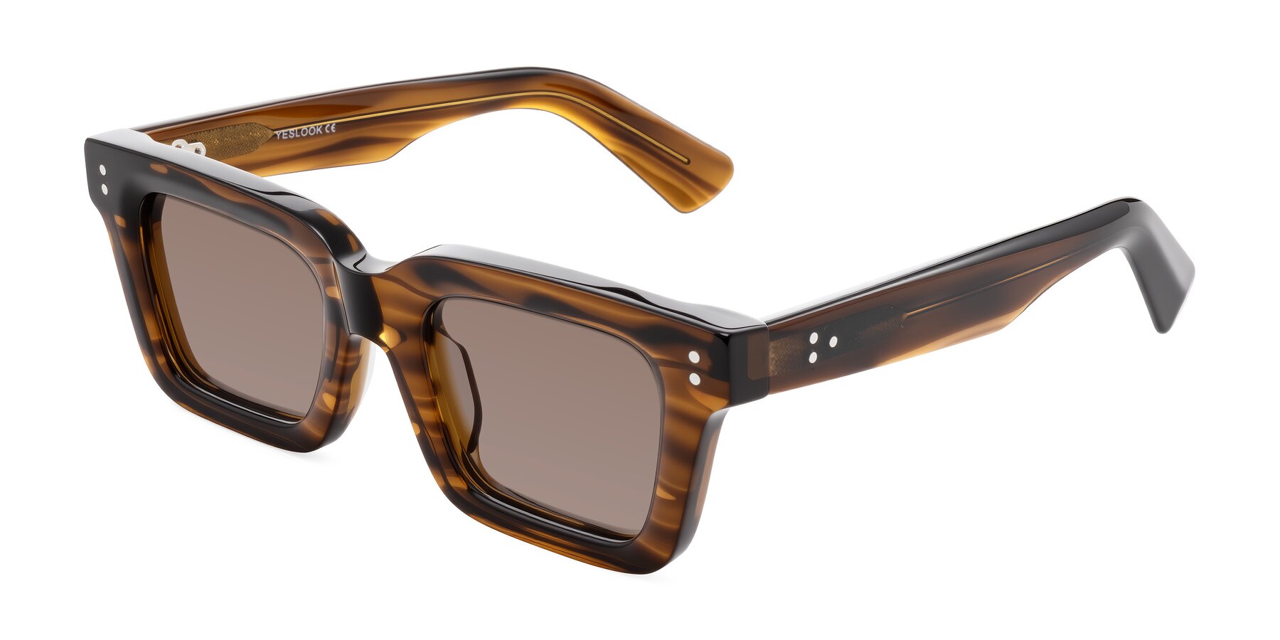 Angle of Izael in Dark Brown Striped with Medium Brown Tinted Lenses