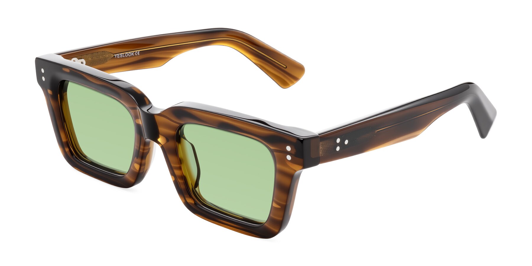 Angle of Izael in Dark Brown Striped with Medium Green Tinted Lenses