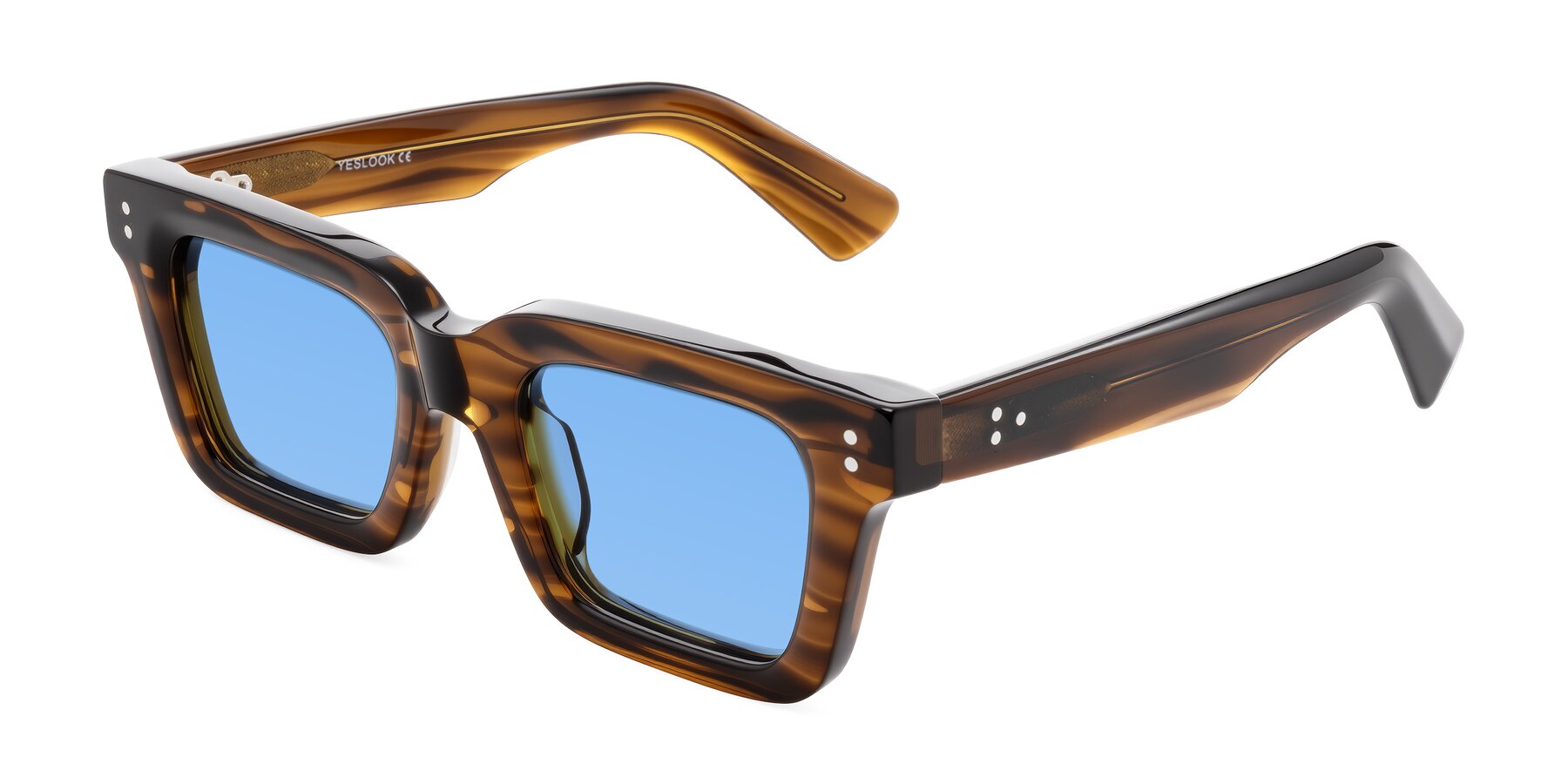 Angle of Izael in Dark Brown Striped with Medium Blue Tinted Lenses