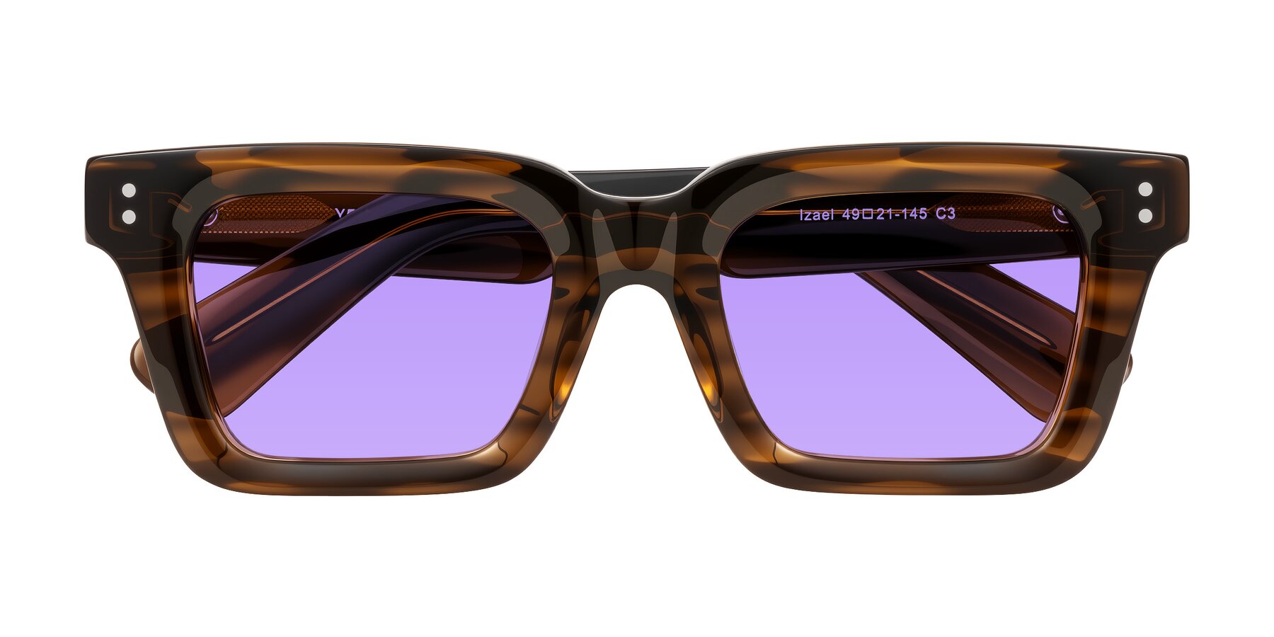 Folded Front of Izael in Dark Brown Striped with Medium Purple Tinted Lenses