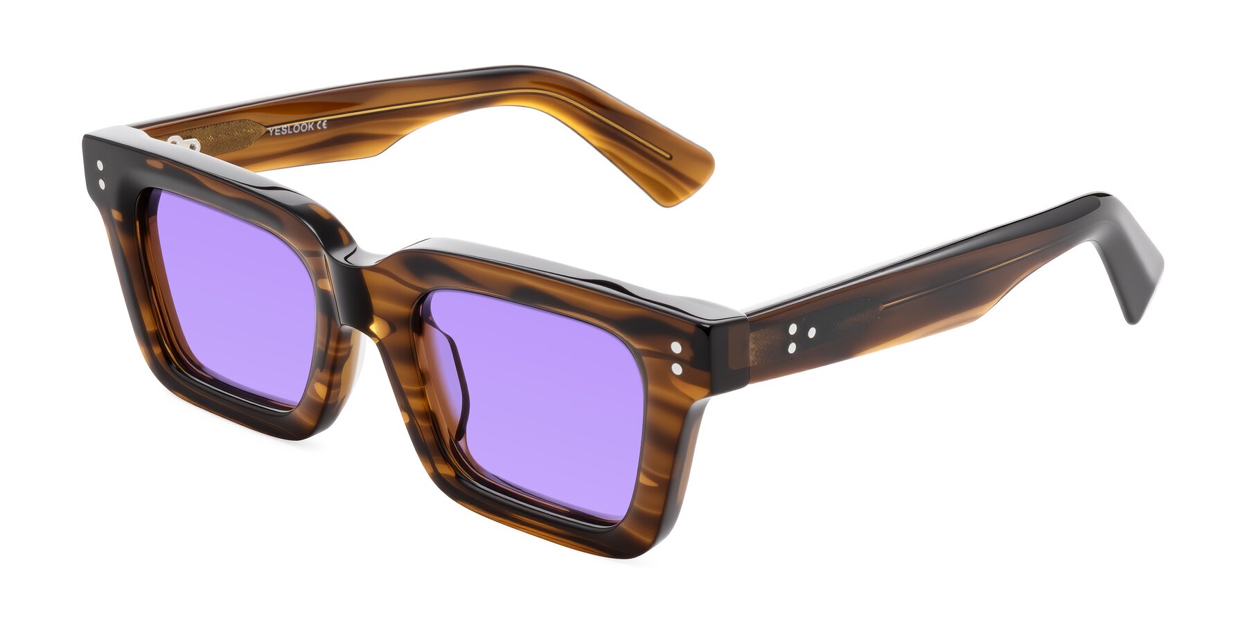 Angle of Izael in Dark Brown Striped with Medium Purple Tinted Lenses