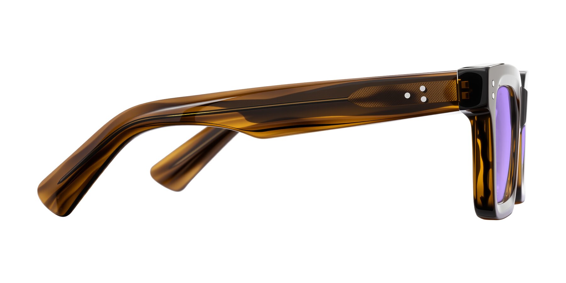 Side of Izael in Dark Brown Striped with Medium Purple Tinted Lenses