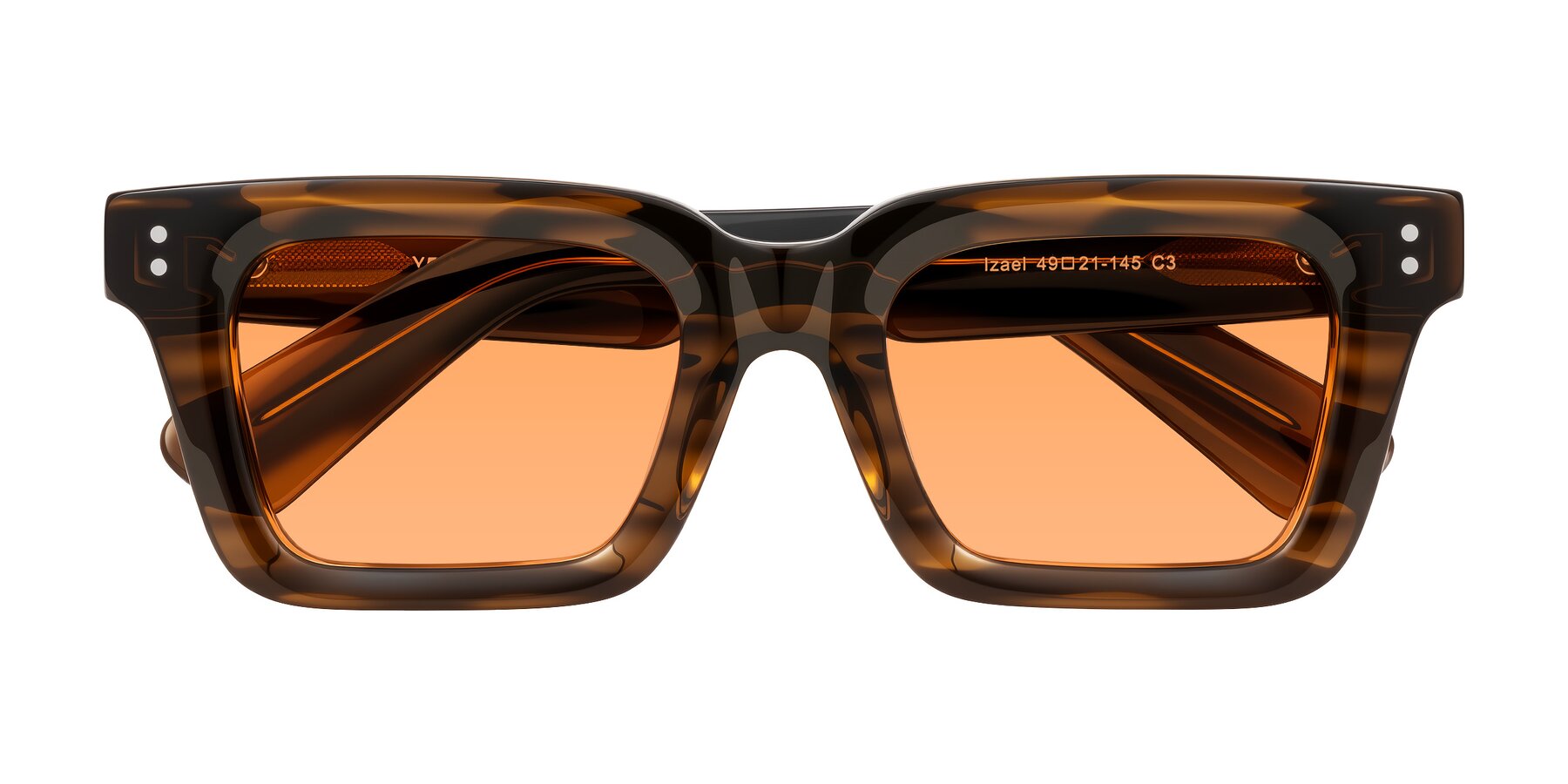 Folded Front of Izael in Dark Brown Striped with Medium Orange Tinted Lenses