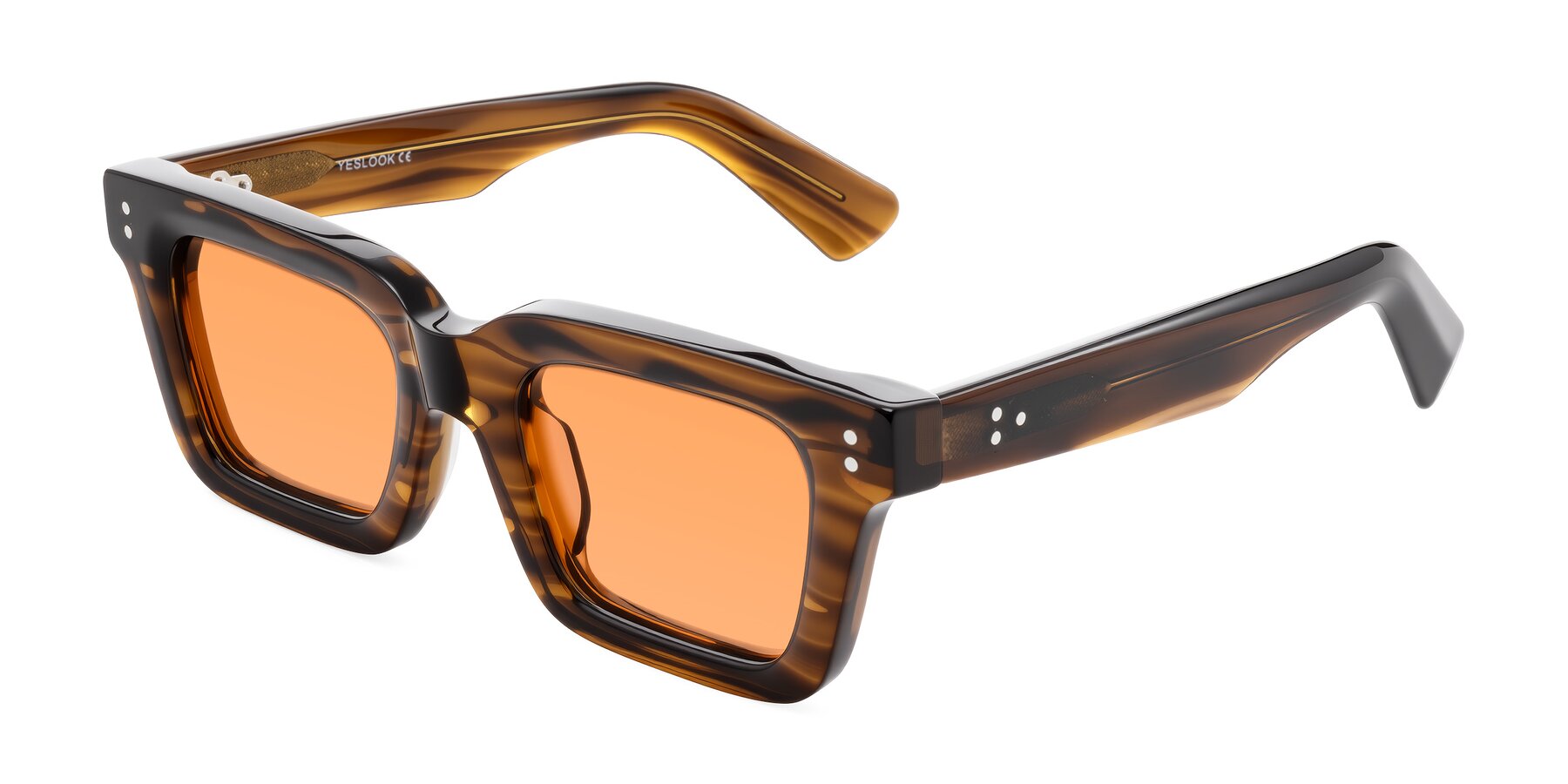 Angle of Izael in Dark Brown Striped with Medium Orange Tinted Lenses