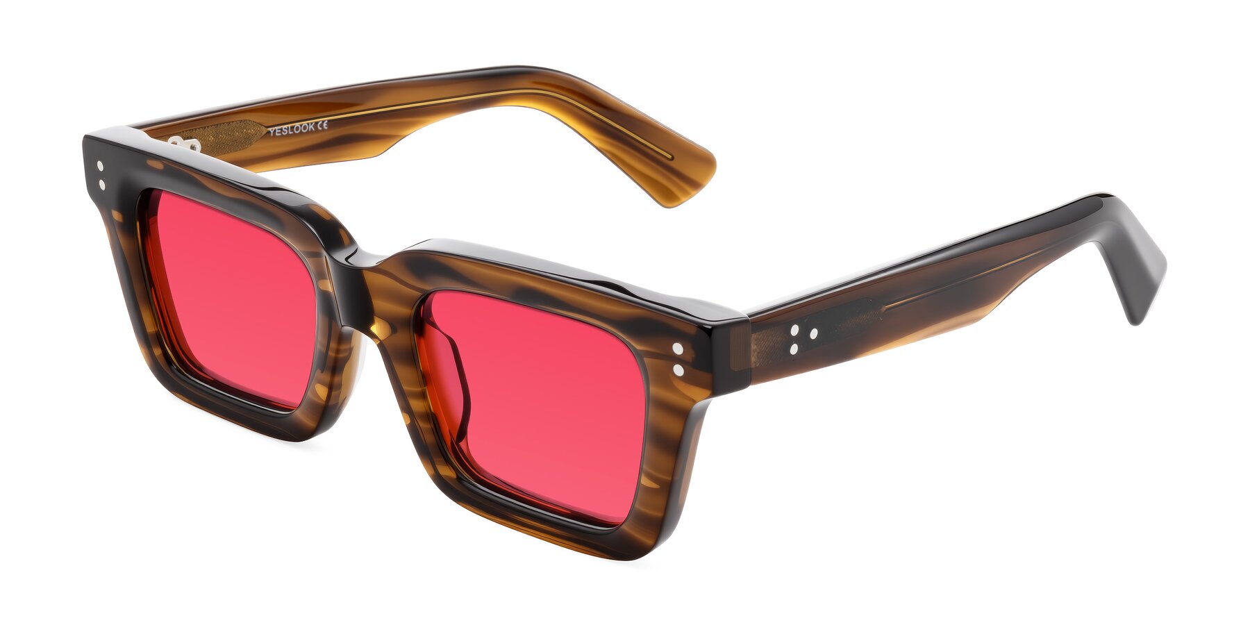 Angle of Izael in Dark Brown Striped with Red Tinted Lenses