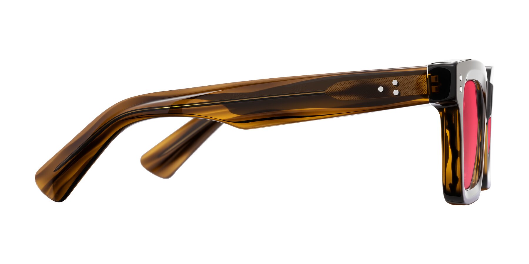 Side of Izael in Dark Brown Striped with Red Tinted Lenses