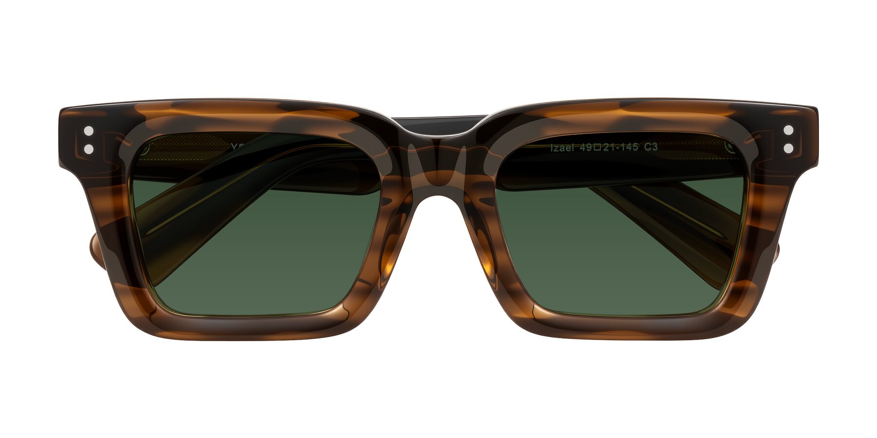 Folded Front of Izael in Dark Brown Striped with Green Tinted Lenses