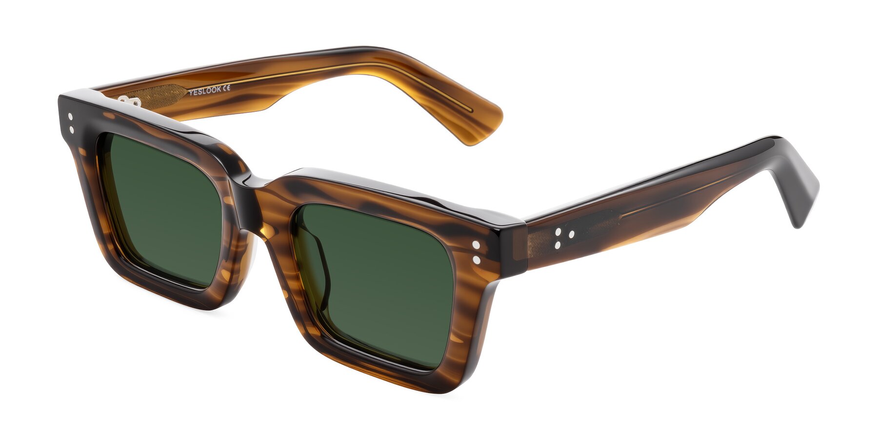 Angle of Izael in Dark Brown Striped with Green Tinted Lenses